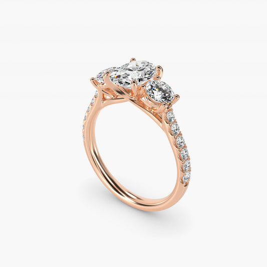 Modern Trellis Three Stone Diamond Engagement in 14k Rose Gold - Oval Center