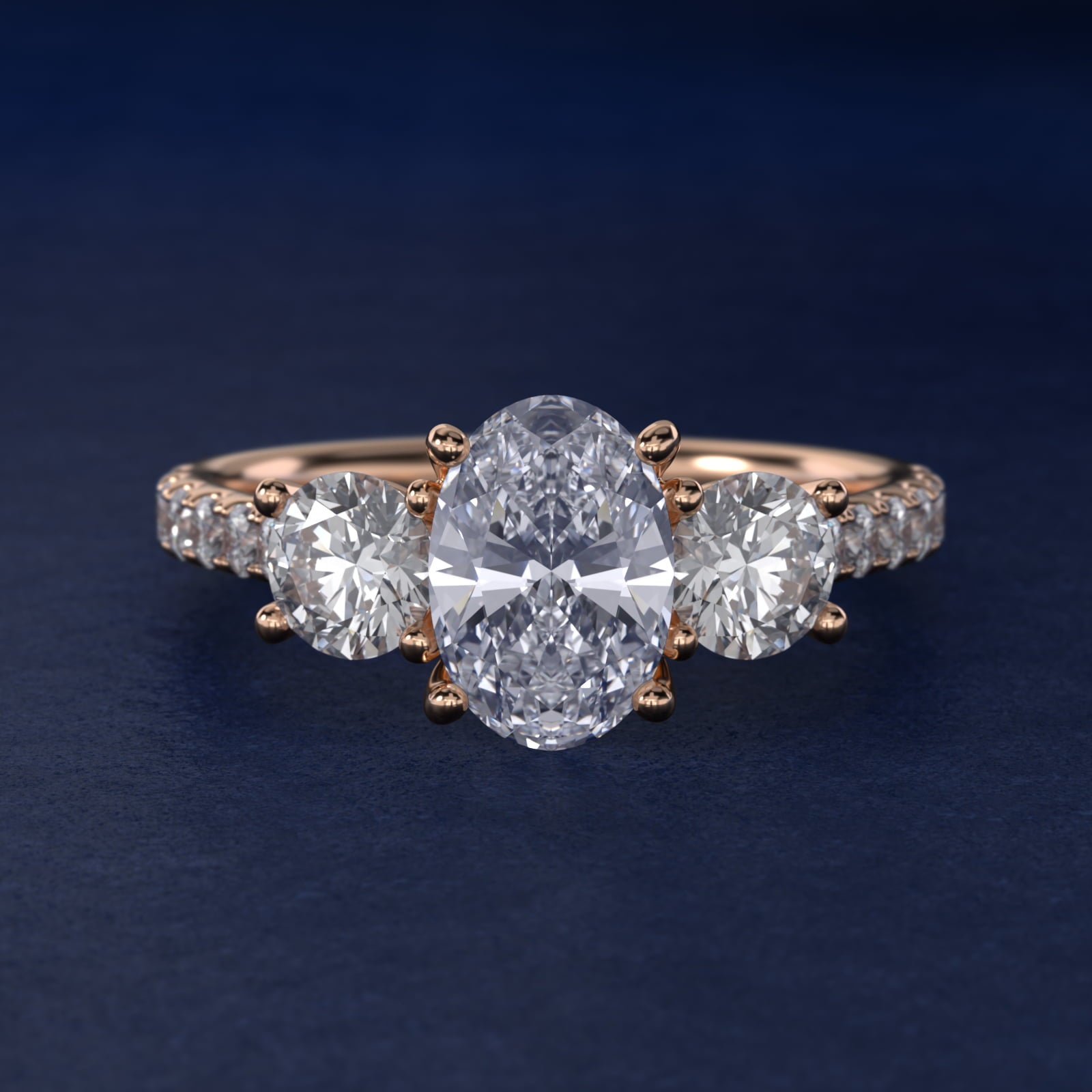 Modern Trellis Three Stone Diamond Engagement in 18k Rose Gold - Oval Center