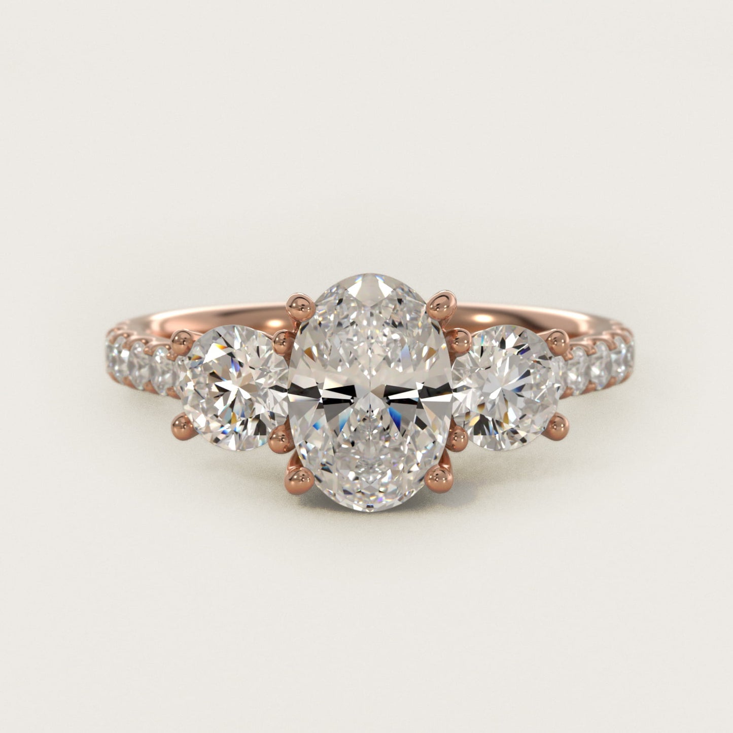 Modern Trellis Three Stone Diamond Engagement in 18k Rose Gold - Oval Center
