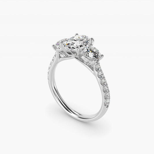 Modern Trellis Three Stone Diamond Engagement in 14k White Gold - Oval Center