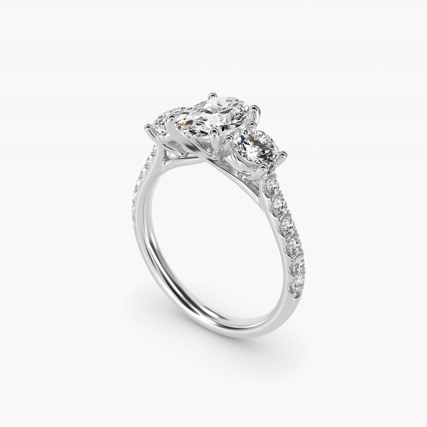 Modern Trellis Three Stone Diamond Engagement in 18k White Gold - Oval Center