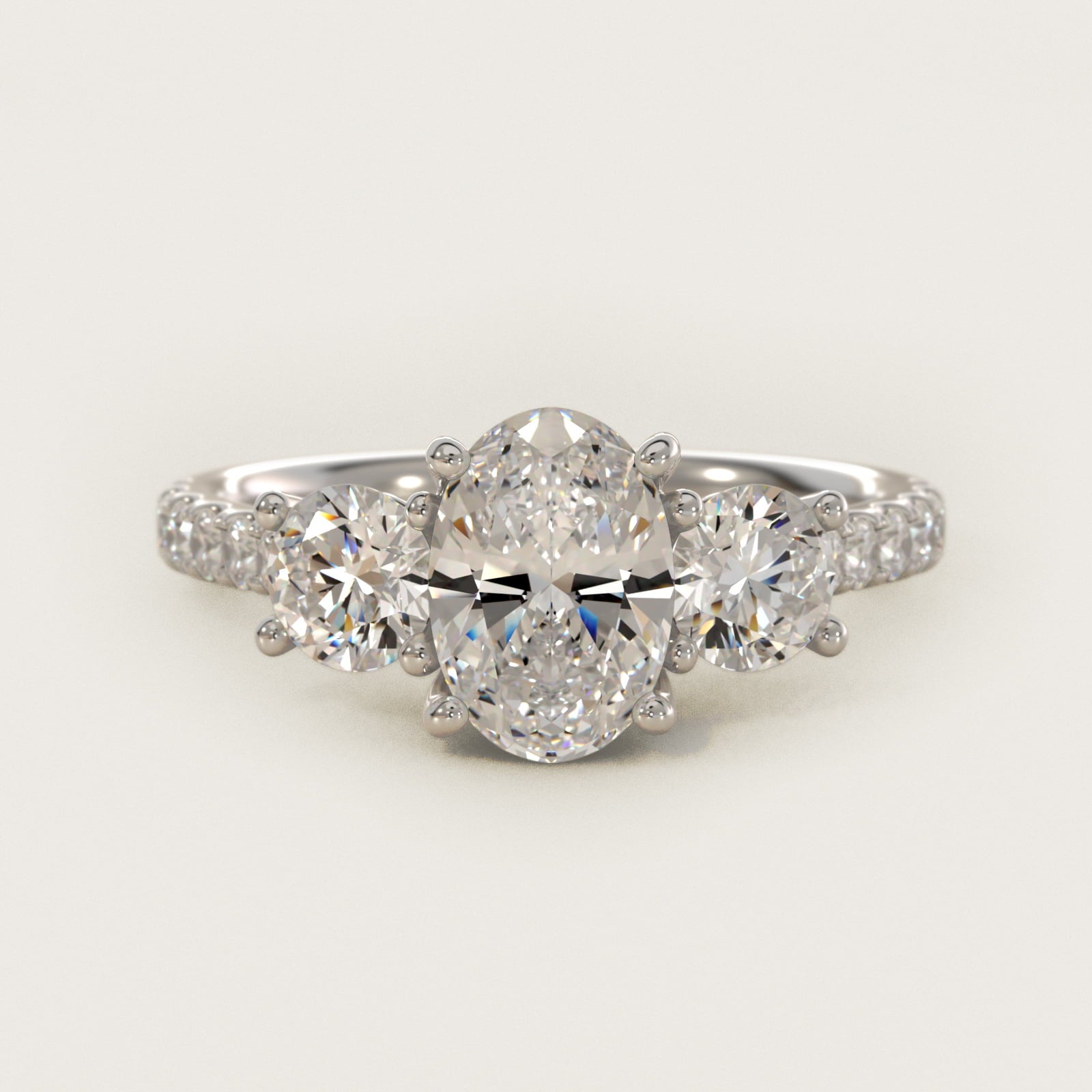 Modern Trellis Three Stone Diamond Engagement in 14k White Gold - Oval Center