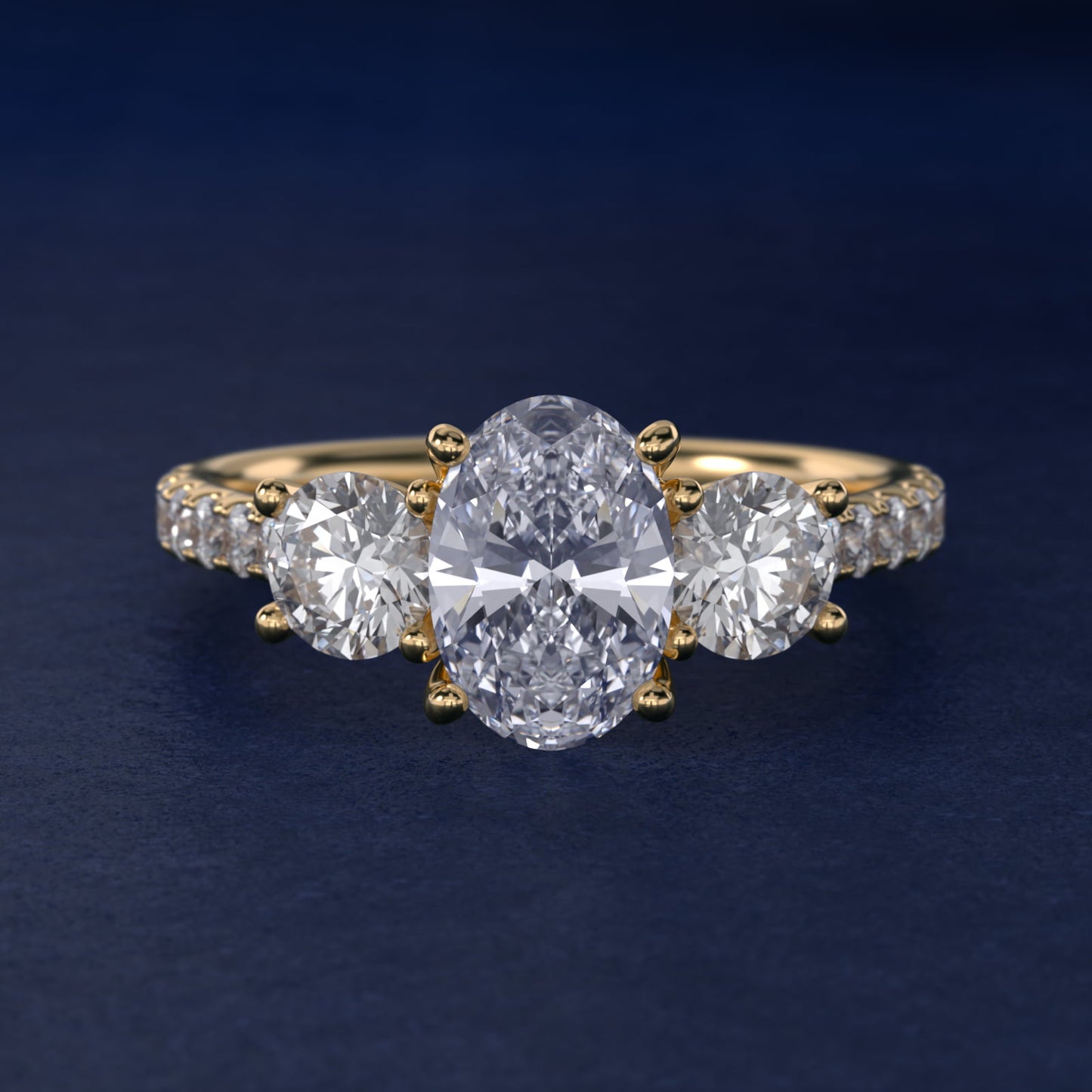 Modern Trellis Three Stone Diamond Engagement in 14k Yellow Gold - Oval Center