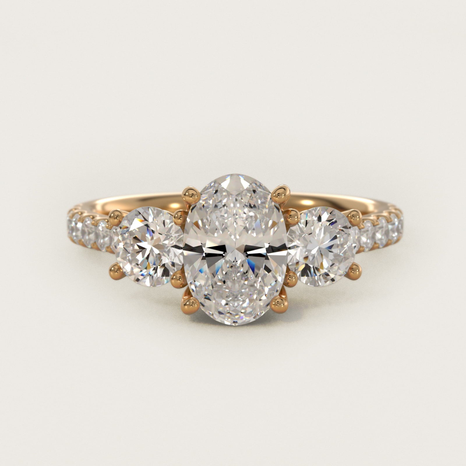 Modern Trellis Three Stone Diamond Engagement in 14k Yellow Gold - Oval Center