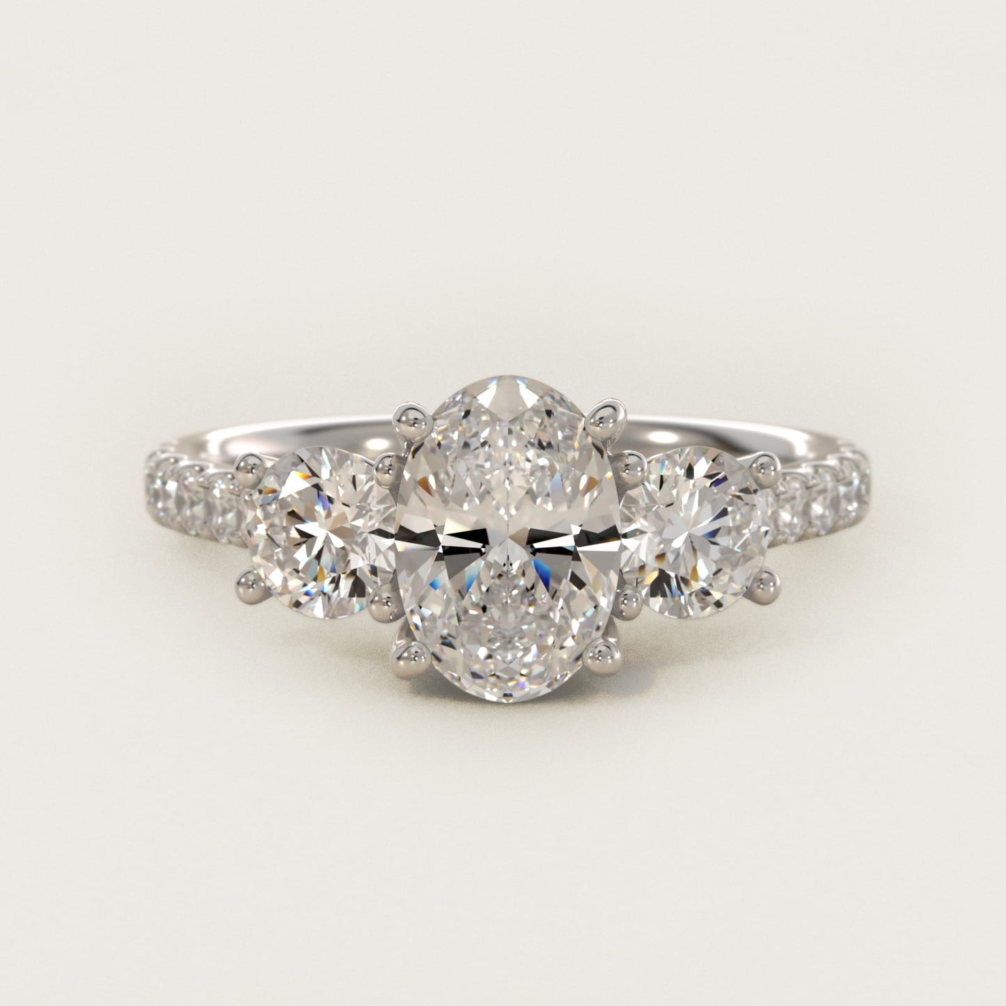 Modern Trellis Three Stone Diamond Engagement in Platinum - Oval Center