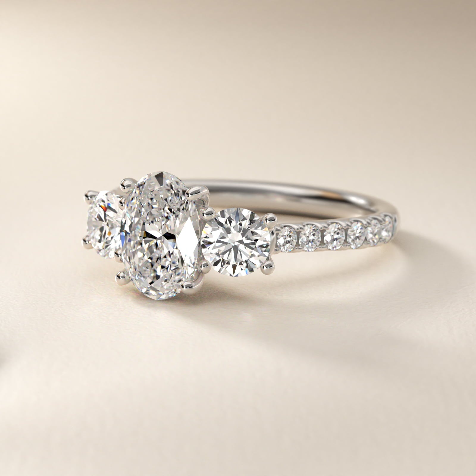 Modern Trellis Three Stone Diamond Engagement in Platinum - Oval Center