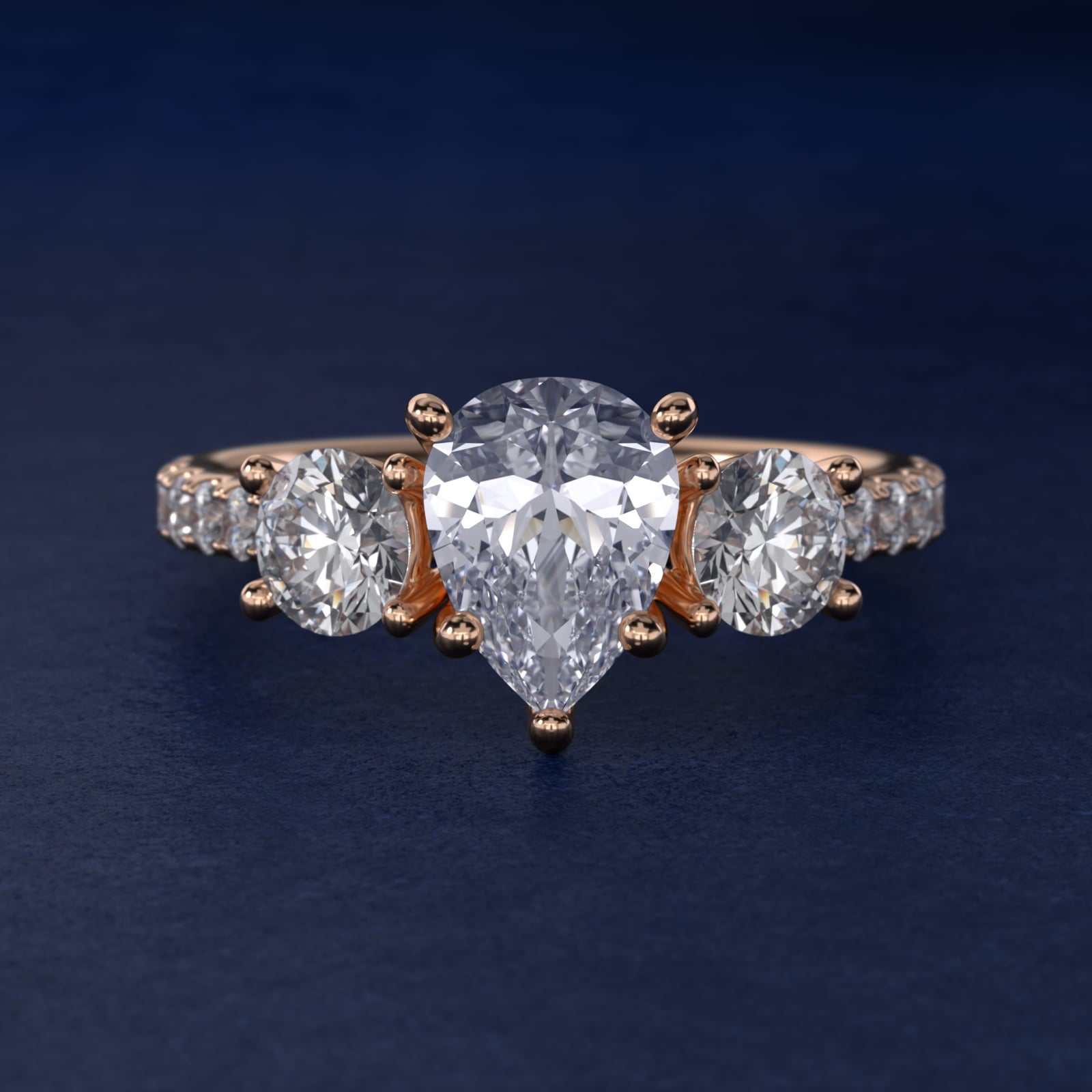 Modern Trellis Three Stone Diamond Engagement in 14k Rose Gold - Pear Center