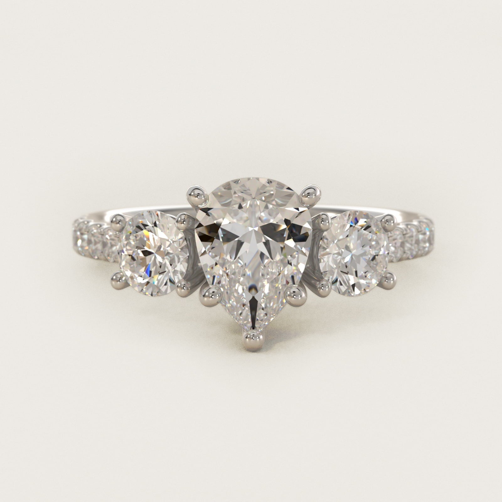 Modern Trellis Three Stone Diamond Engagement in 14k White Gold - Pear Center