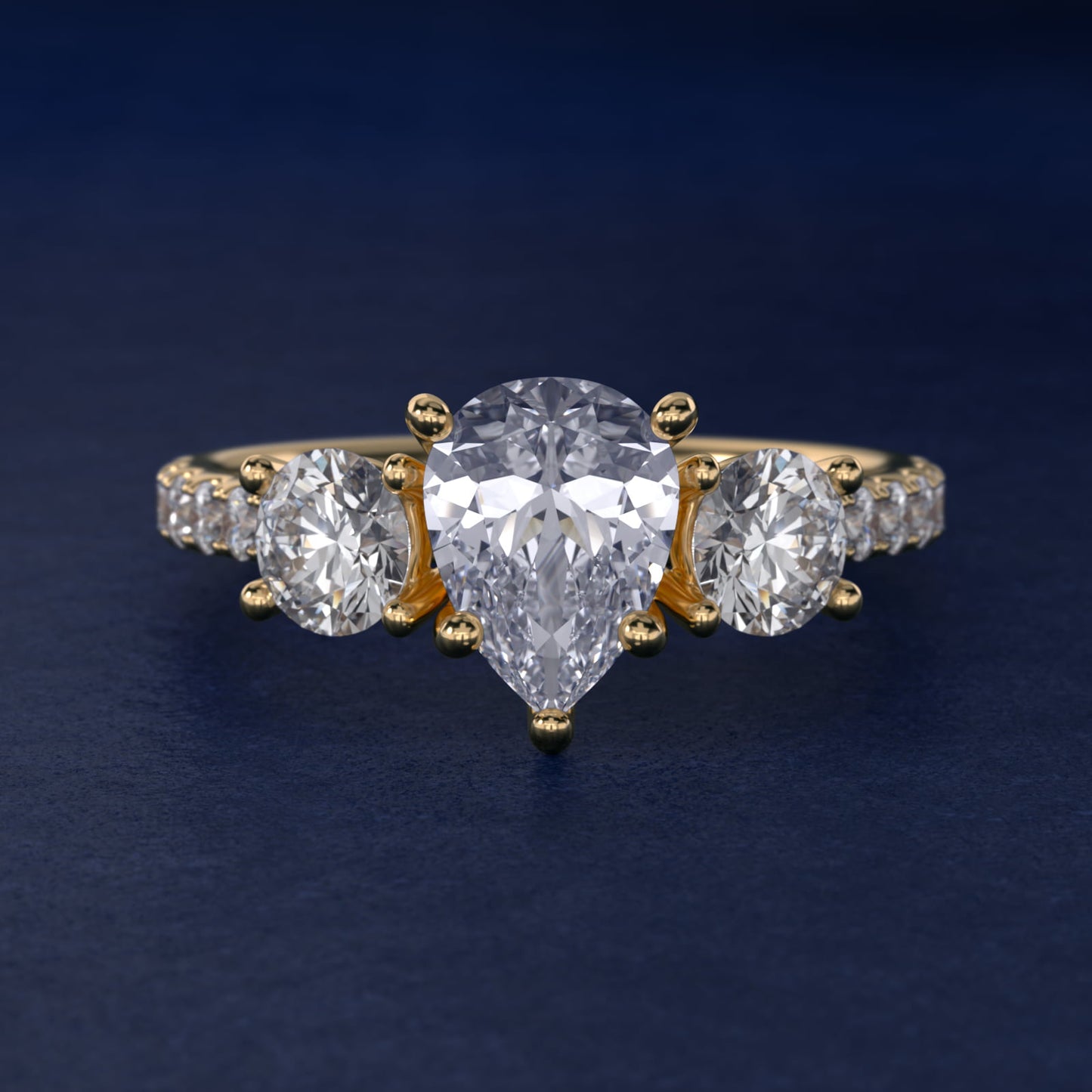 Modern Trellis Three Stone Diamond Engagement in 18k Yellow Gold - Pear Center