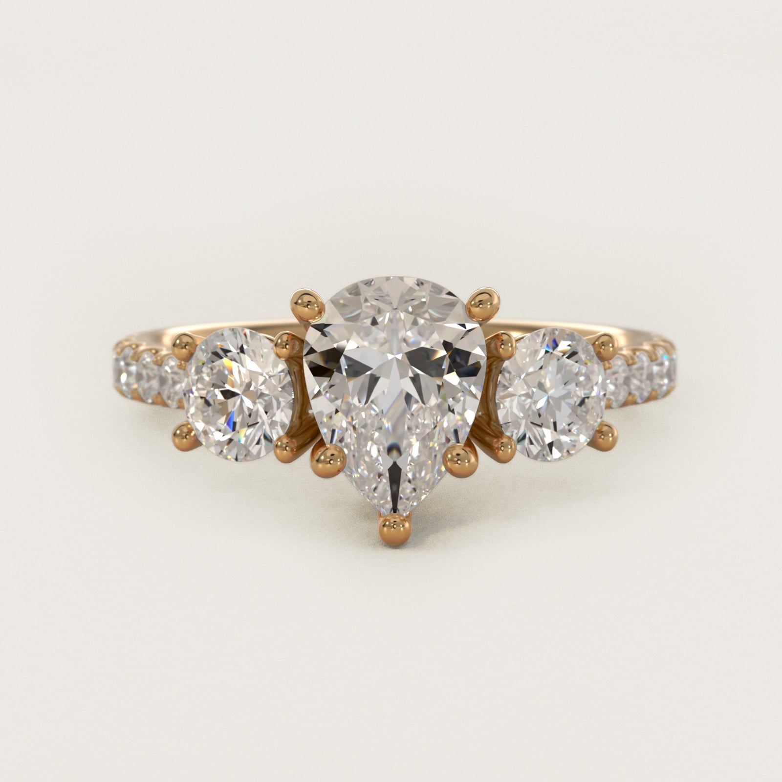 Modern Trellis Three Stone Diamond Engagement in 14k Yellow Gold - Pear Center