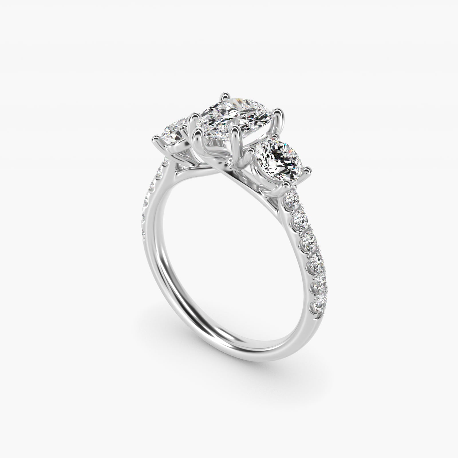 Modern Trellis Three Stone Diamond Engagement in Platinum - Pear Center
