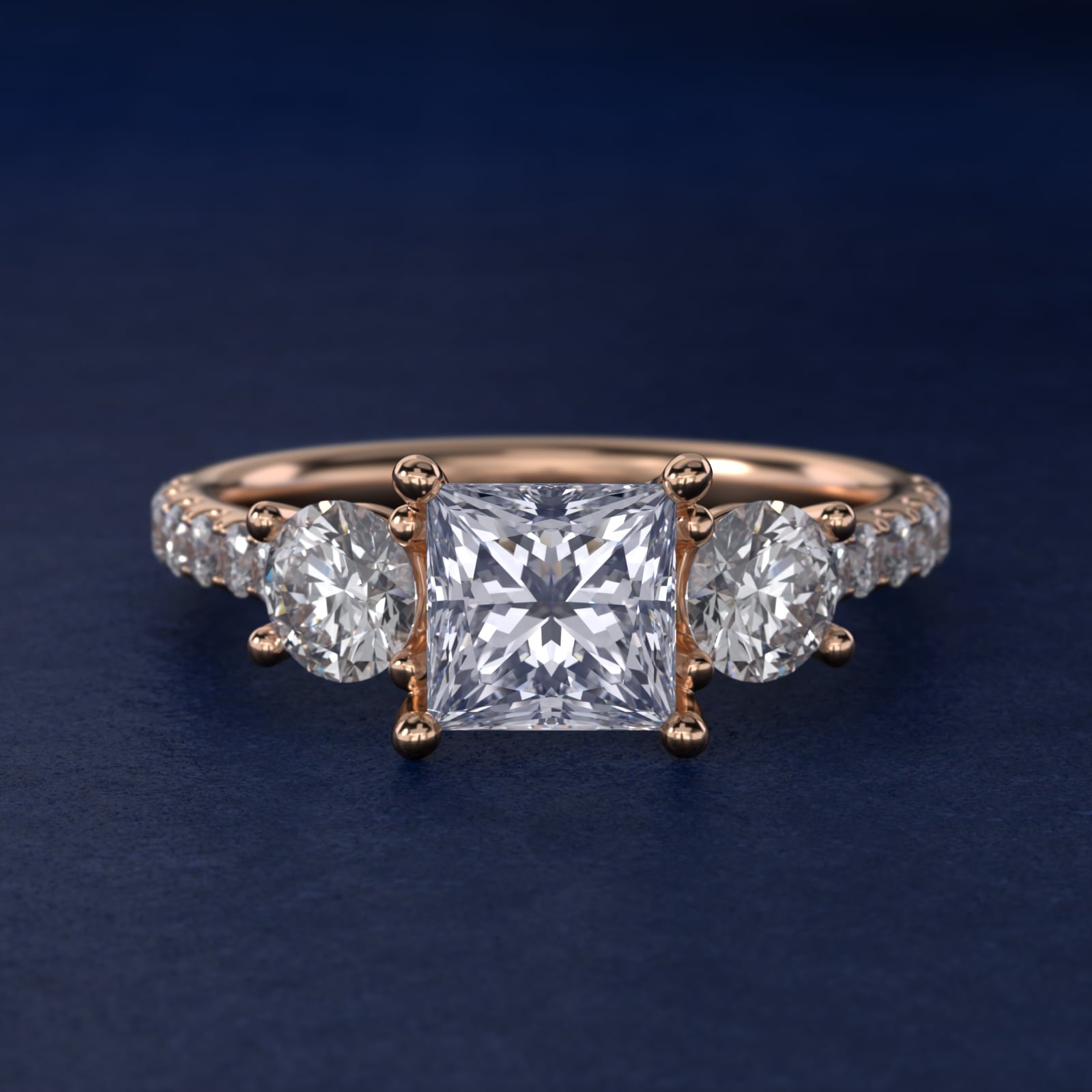 Modern Trellis Three Stone Diamond Engagement in 14k Rose Gold - Princess Center