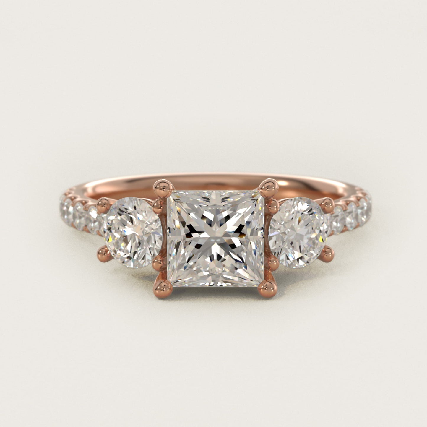 Modern Trellis Three Stone Diamond Engagement in 14k Rose Gold - Princess Center