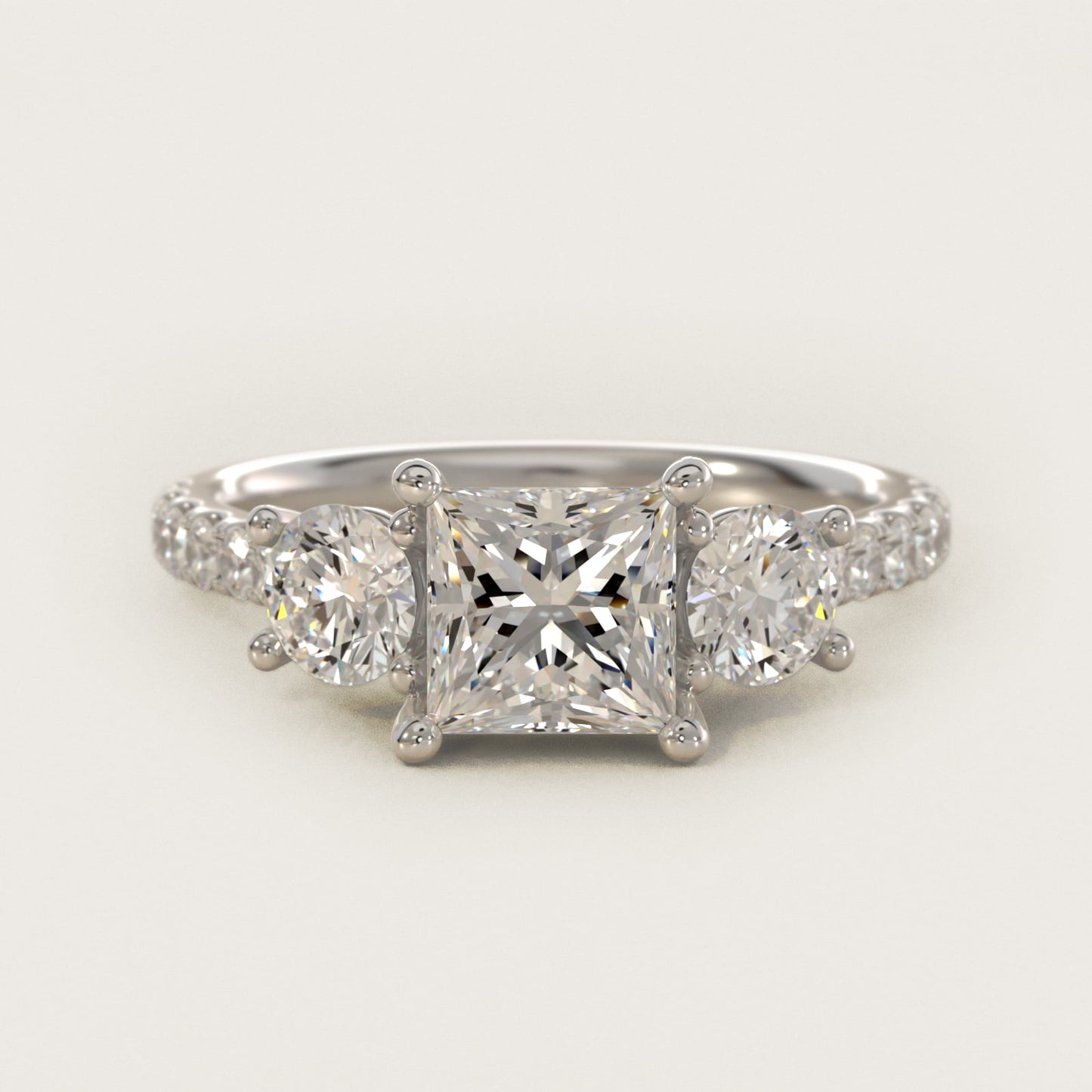 Modern Trellis Three Stone Diamond Engagement in 14k White Gold - Princess Center