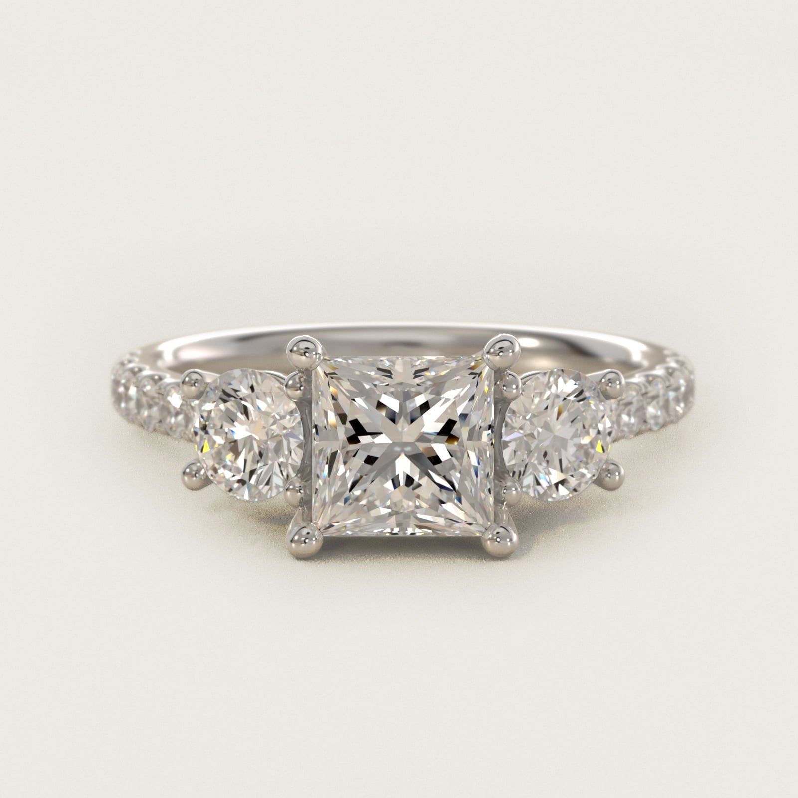 Modern Trellis Three Stone Diamond Engagement in 14k White Gold - Princess Center