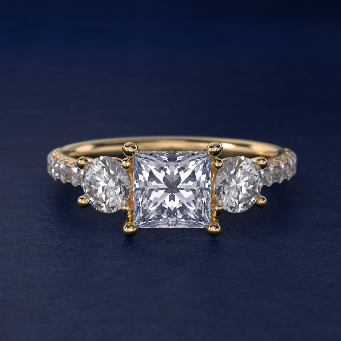 Modern Trellis Three Stone Diamond Engagement in 14k Yellow Gold - Princess Center