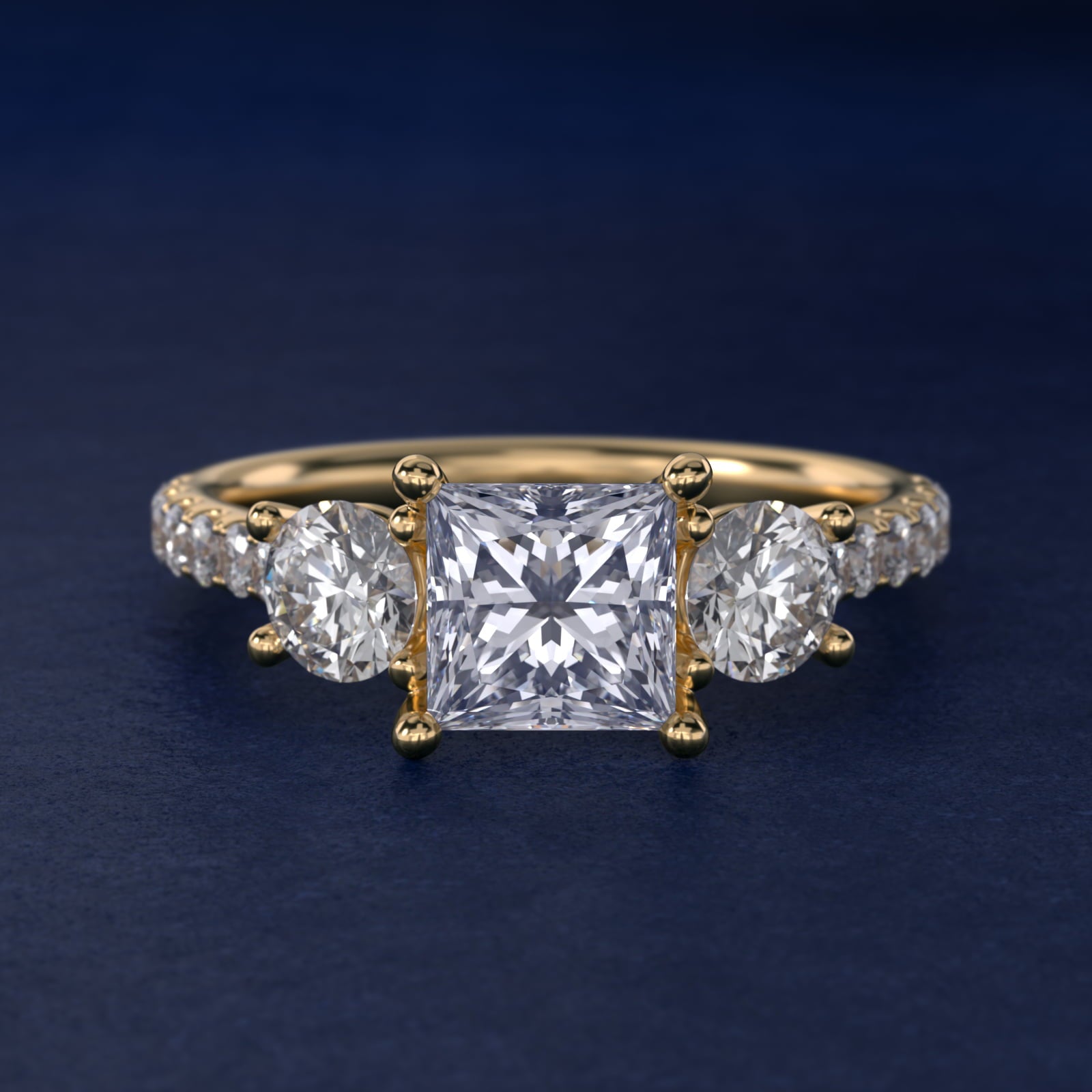 Modern Trellis Three Stone Diamond Engagement in 14k Yellow Gold - Princess Center