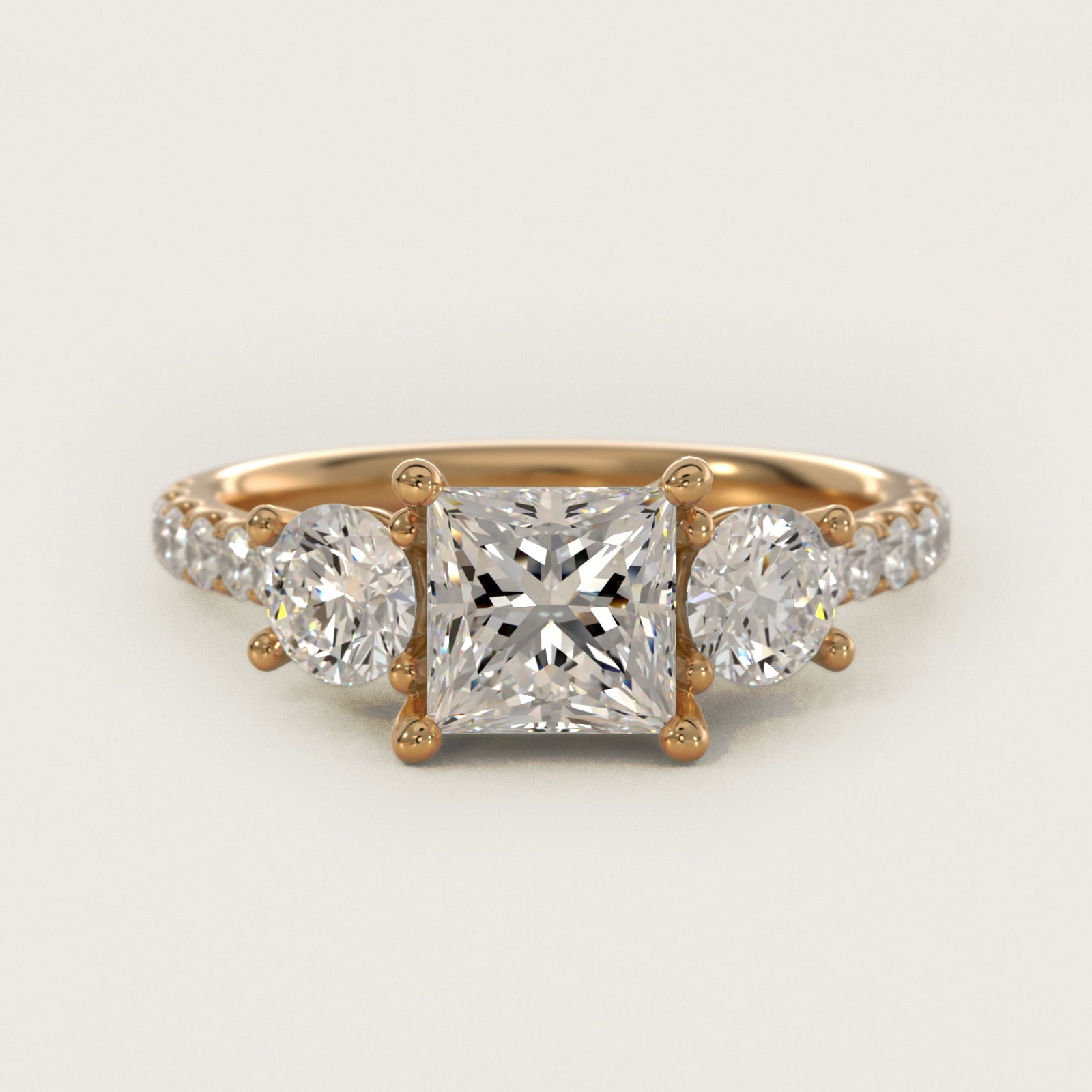 Modern Trellis Three Stone Diamond Engagement in 14k Yellow Gold - Princess Center