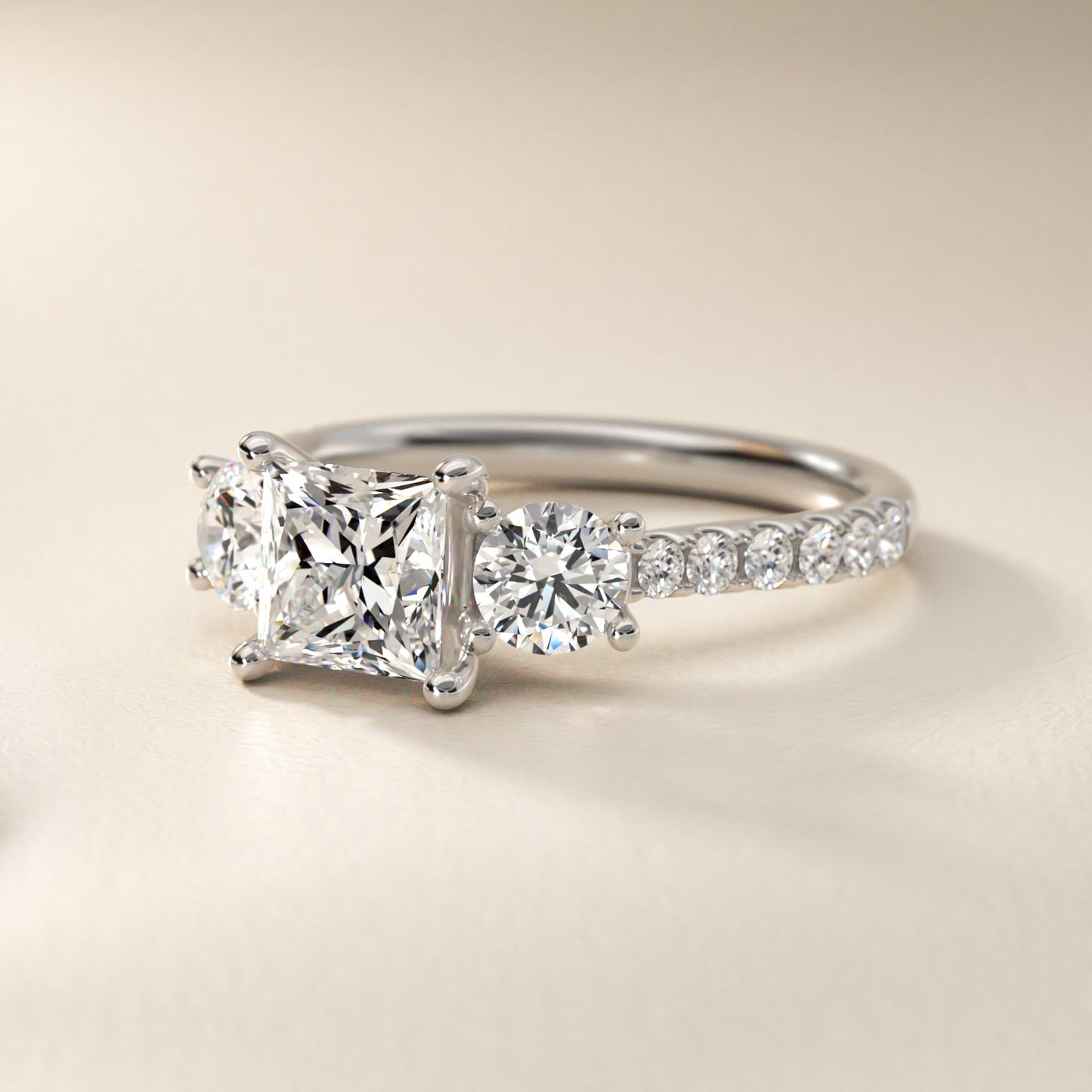 Modern Trellis Three Stone Diamond Engagement in Platinum - Princess Center