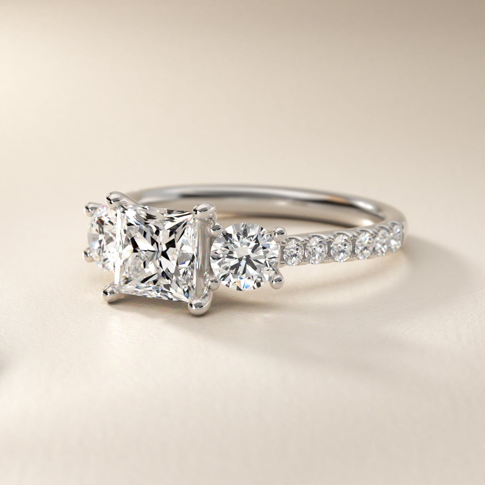 Modern Trellis Three Stone Diamond Engagement in Platinum - Princess Center