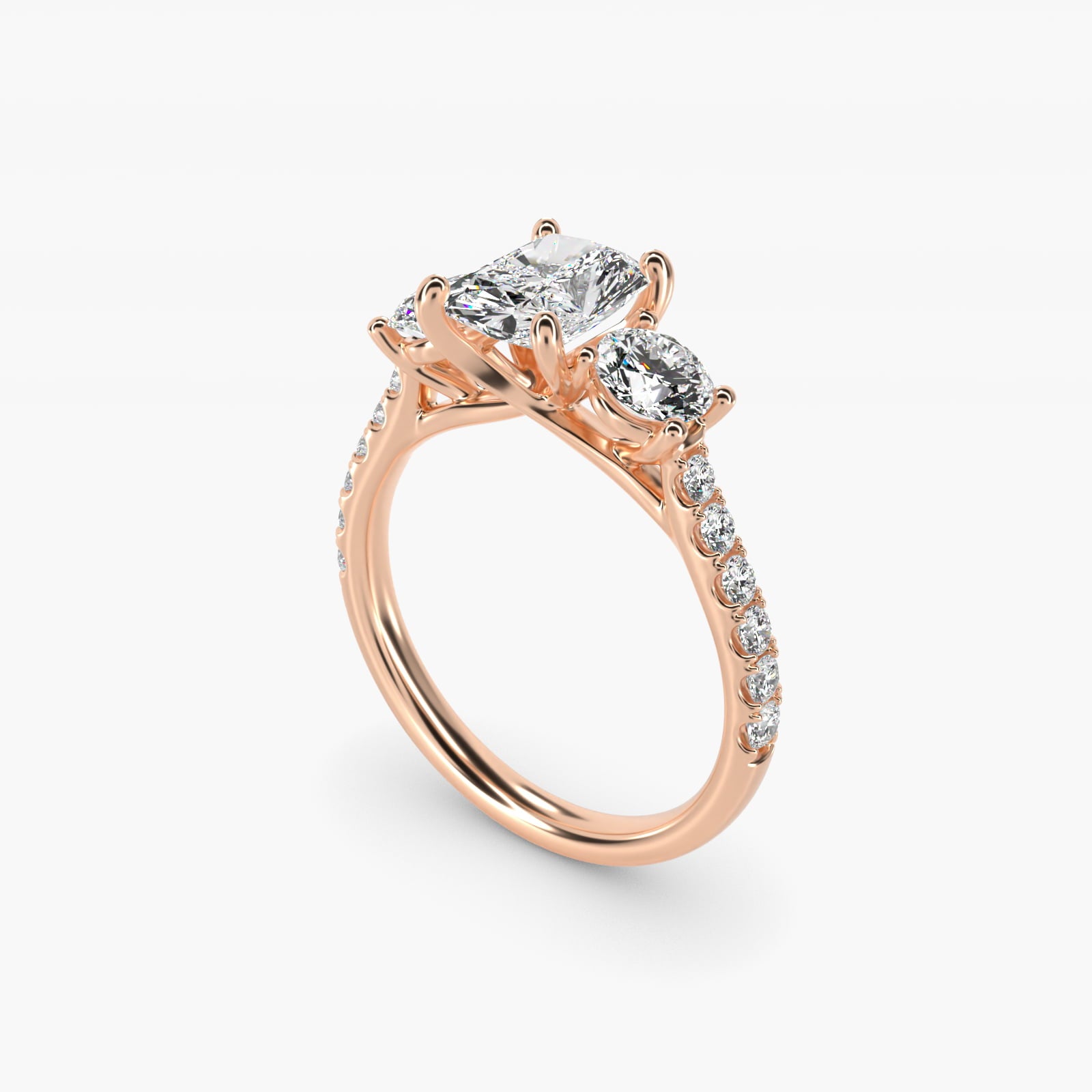 Modern Trellis Three Stone Diamond Engagement in 18k Rose Gold - Radiant Center