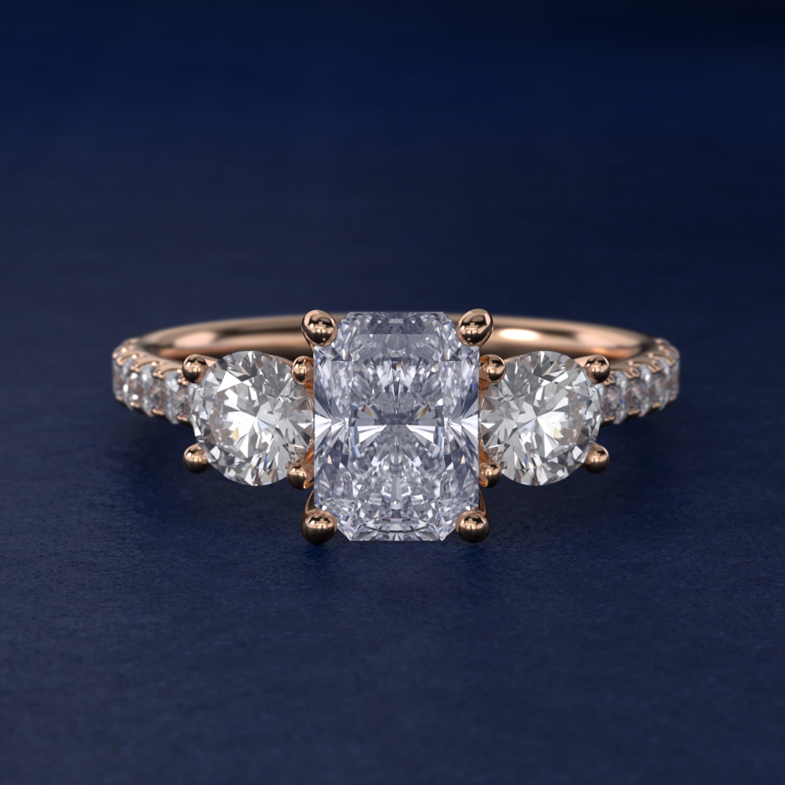 Modern Trellis Three Stone Diamond Engagement in 14k Rose Gold - Radiant Center