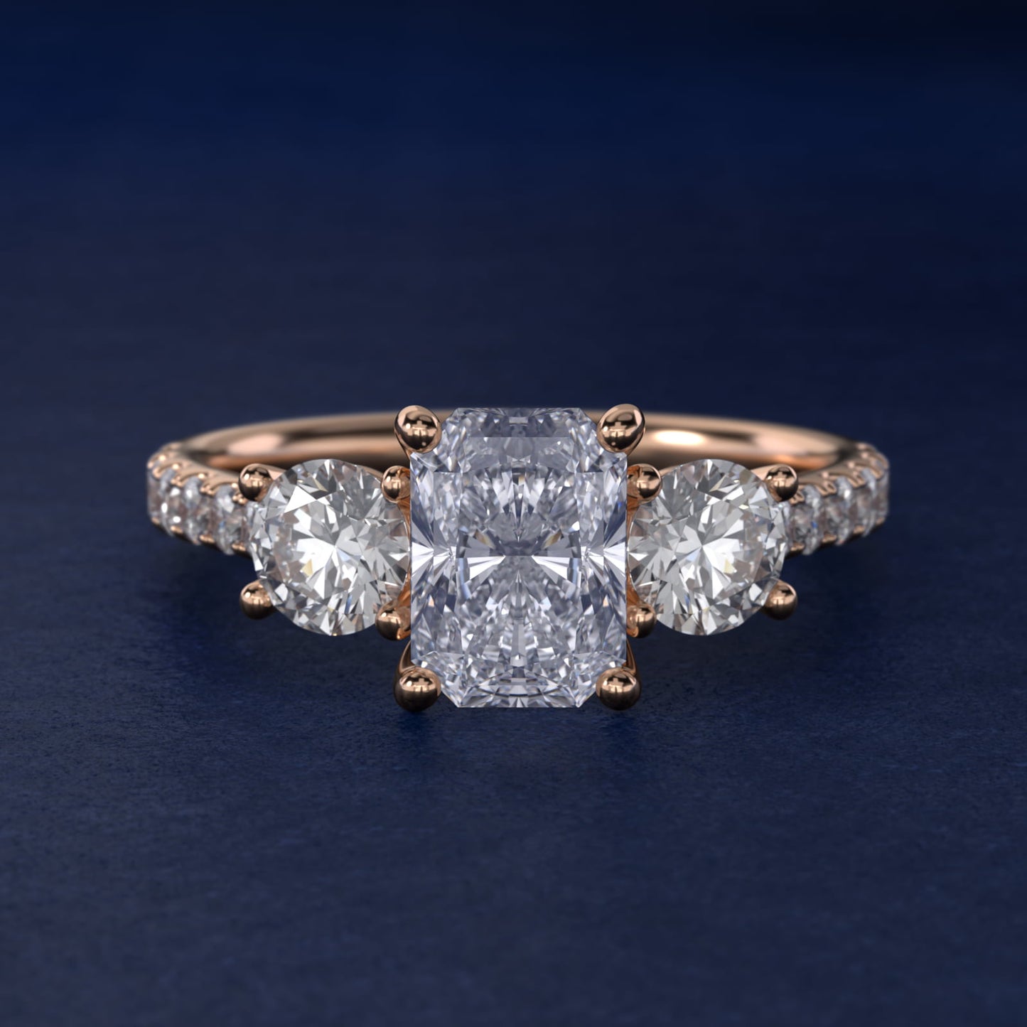 Modern Trellis Three Stone Diamond Engagement in 18k Rose Gold - Radiant Center
