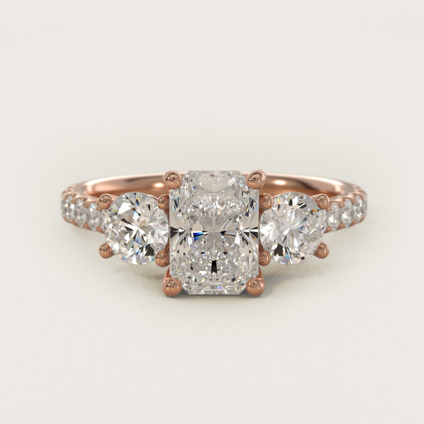 Modern Trellis Three Stone Diamond Engagement in 14k Rose Gold - Radiant Center