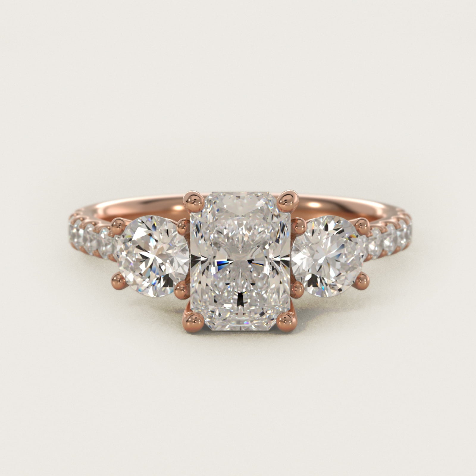 Modern Trellis Three Stone Diamond Engagement in 18k Rose Gold - Radiant Center