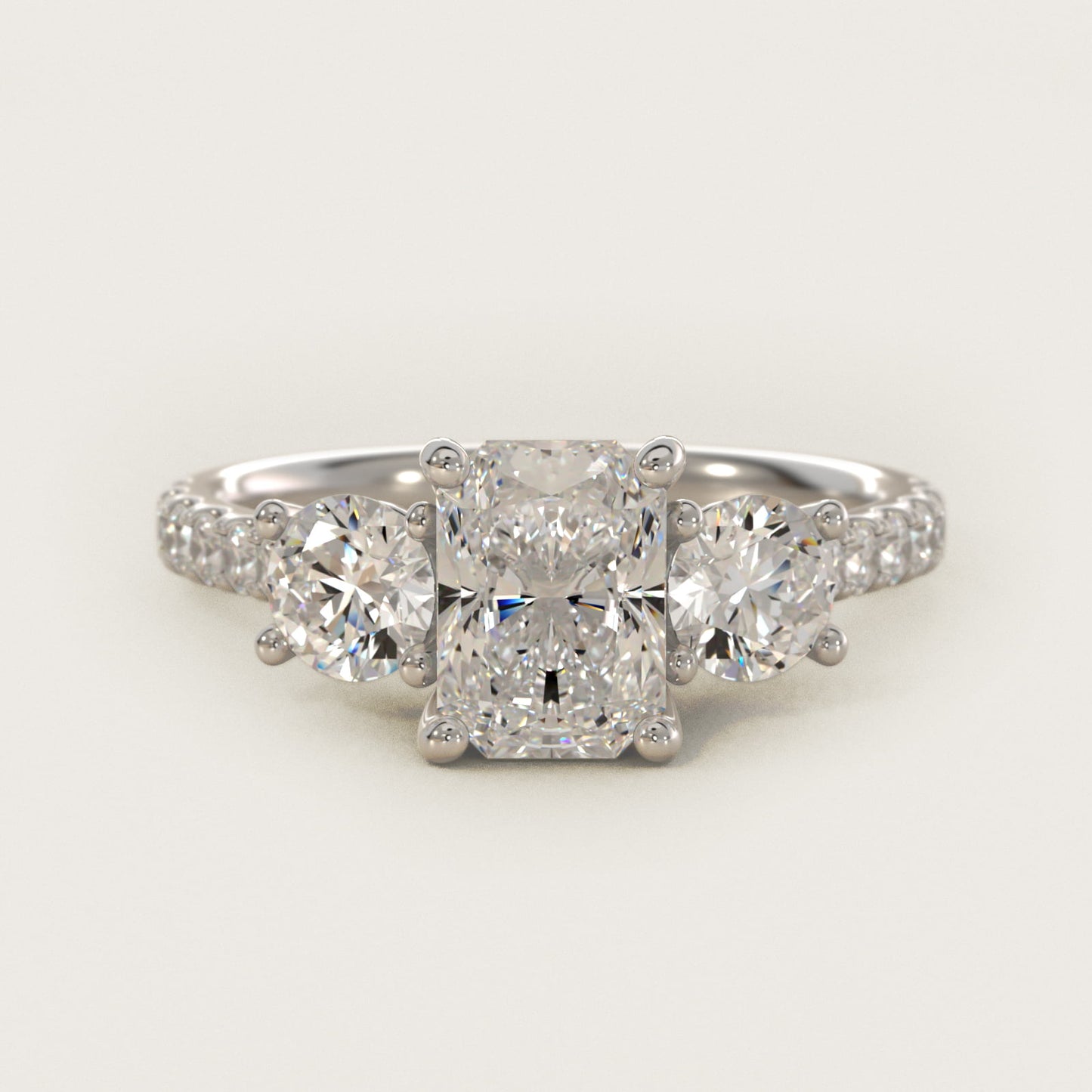 Modern Trellis Three Stone Diamond Engagement in 14k White Gold - Radiant Center