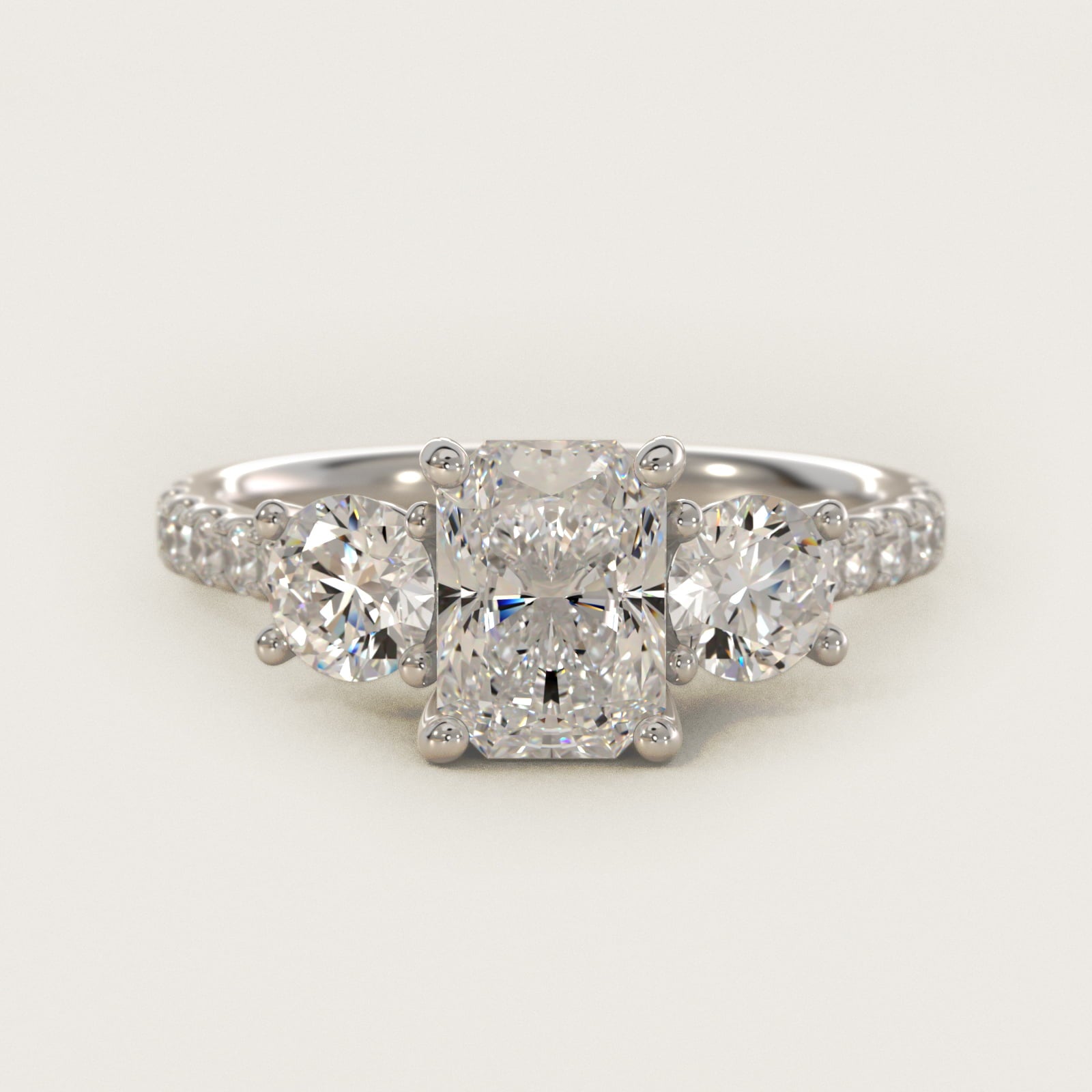 Modern Trellis Three Stone Diamond Engagement in 18k White Gold - Radiant Center