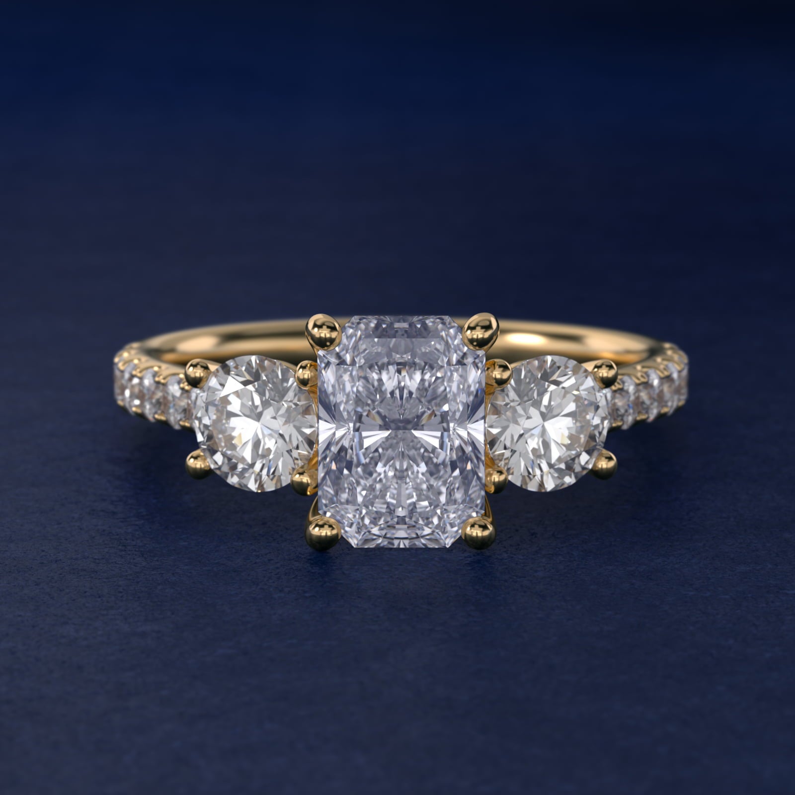 Modern Trellis Three Stone Diamond Engagement in 18k Yellow Gold - Radiant Center