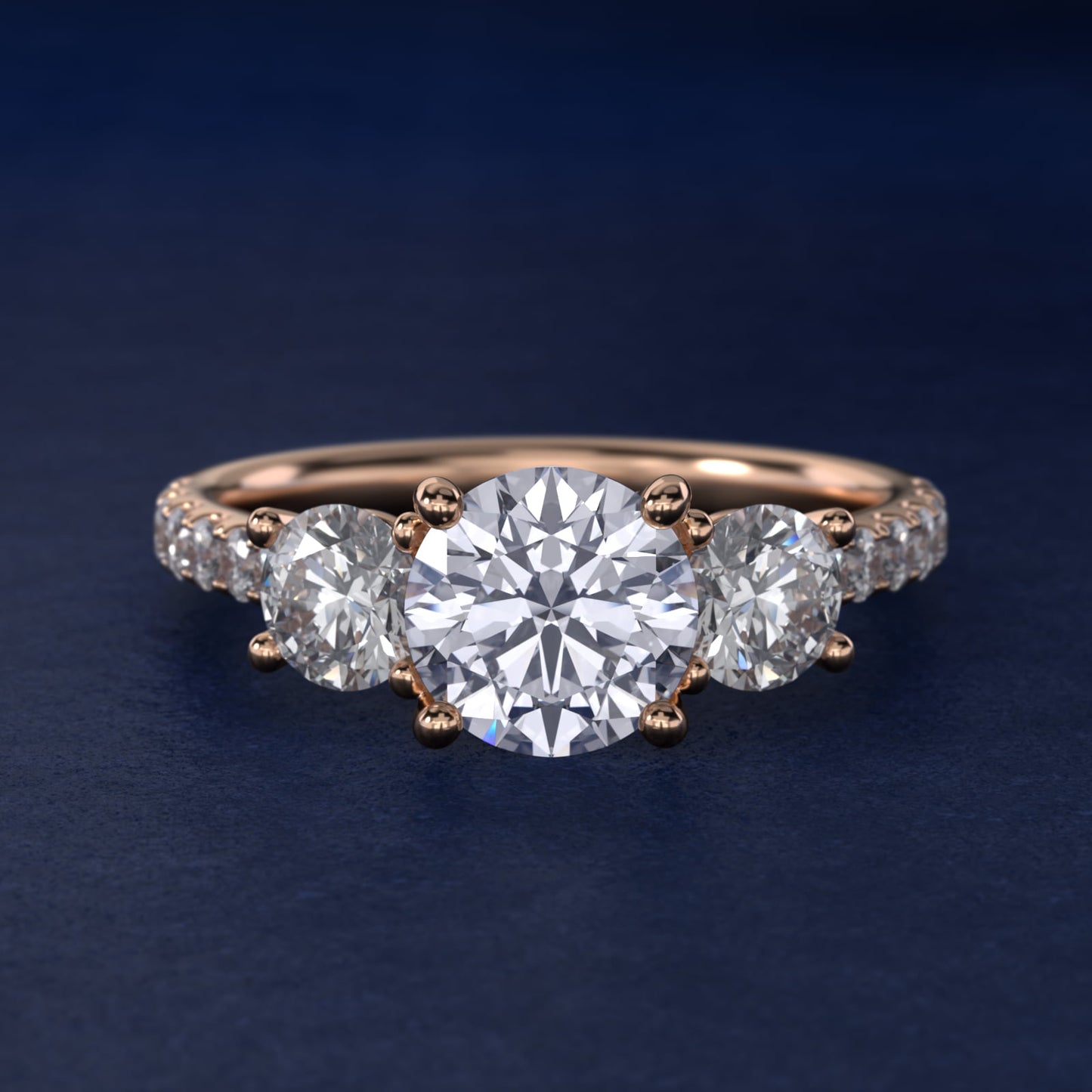 Modern Trellis Three Stone Diamond Engagement in 18k Rose Gold - Round Center
