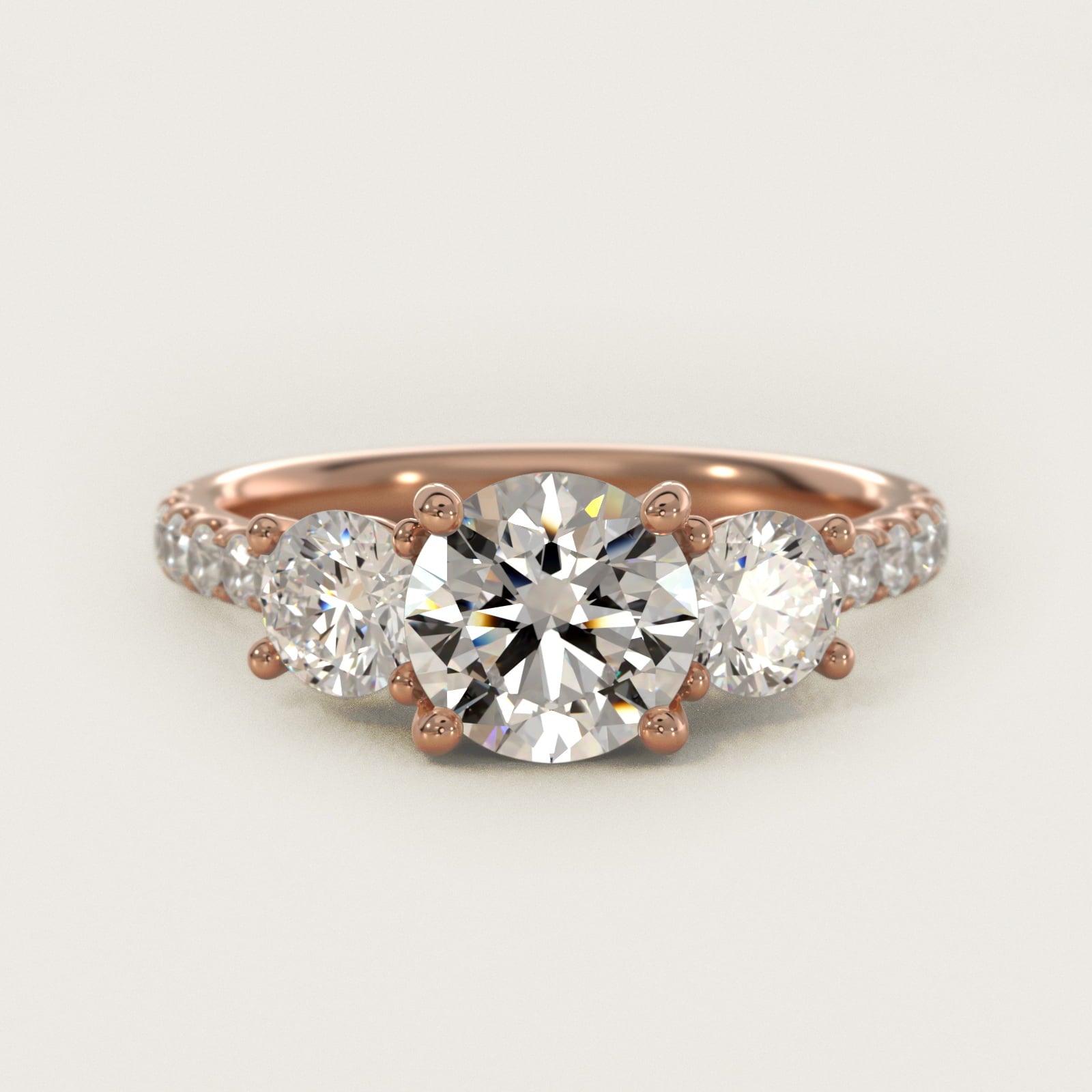 Modern Trellis Three Stone Diamond Engagement in 14k Rose Gold - Round Center