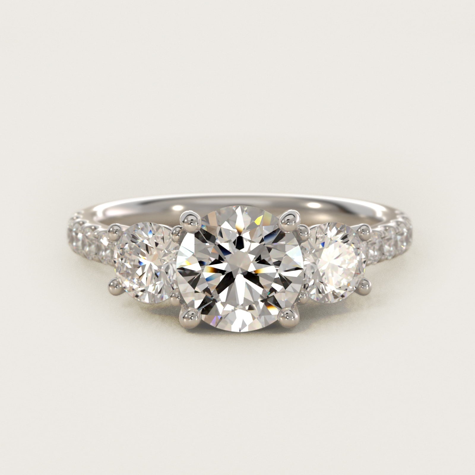 Modern Trellis Three Stone Diamond Engagement in 18k White Gold - Round Center