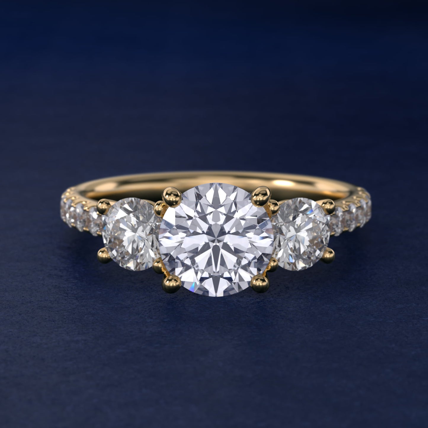Modern Trellis Three Stone Diamond Engagement in 14k Yellow Gold - Round Center