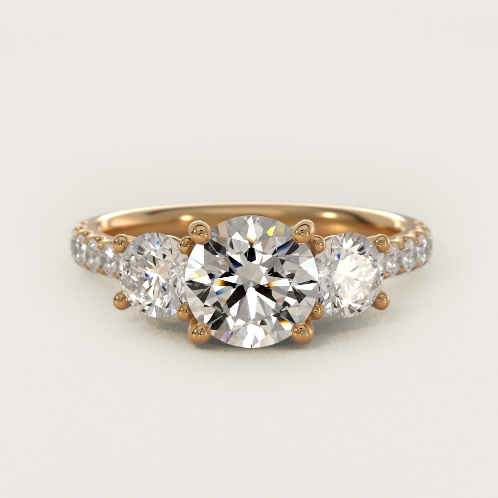 Modern Trellis Three Stone Diamond Engagement in 18k Yellow Gold - Round Center
