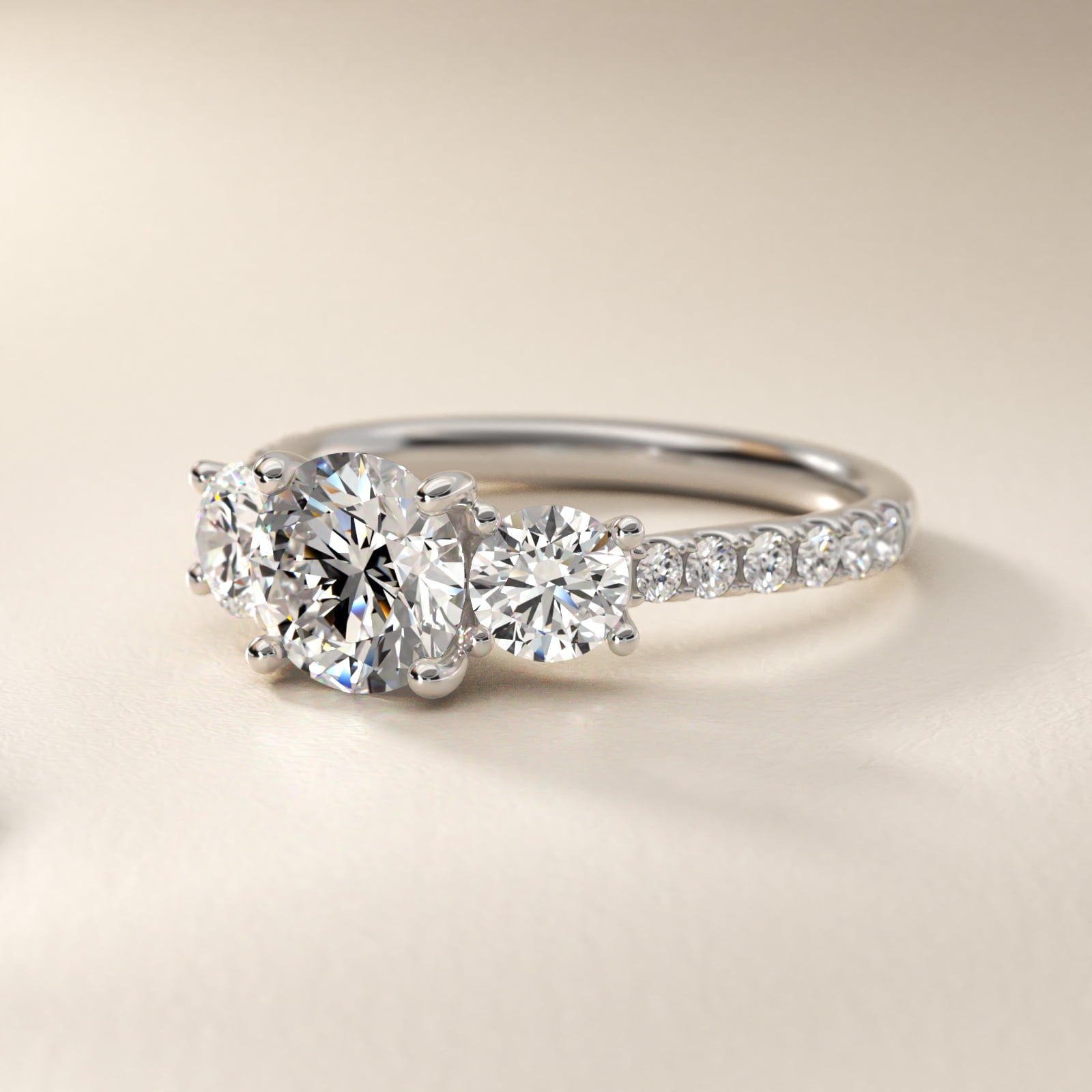 Modern Trellis Three Stone Diamond Engagement in Platinum - Round Center