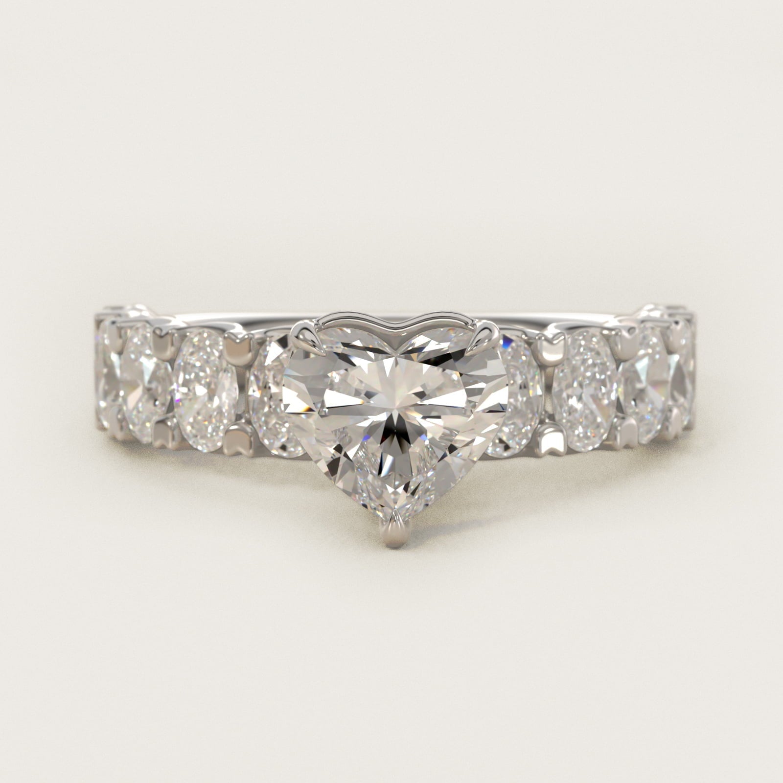 Oval-Cut Diamond Engagement Ring in 18k White Gold - Heart Center