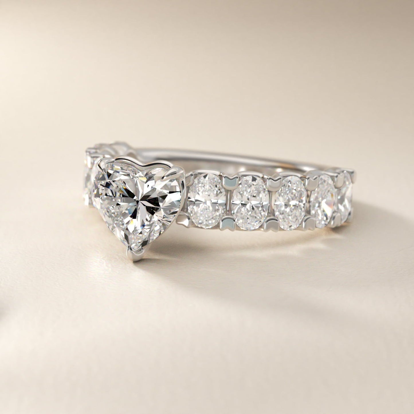 Oval-Cut Diamond Engagement Ring in 18k White Gold - Heart Center