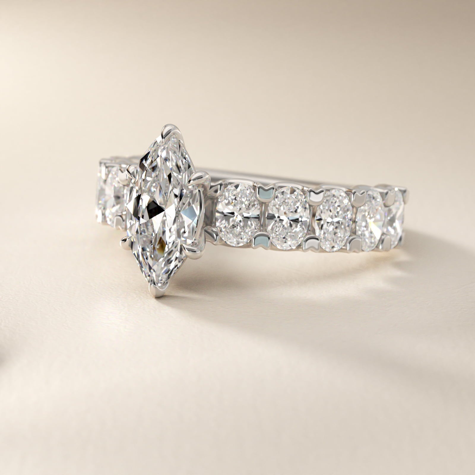 Oval-Cut Diamond Engagement Ring in 18k White Gold - Marquise Center