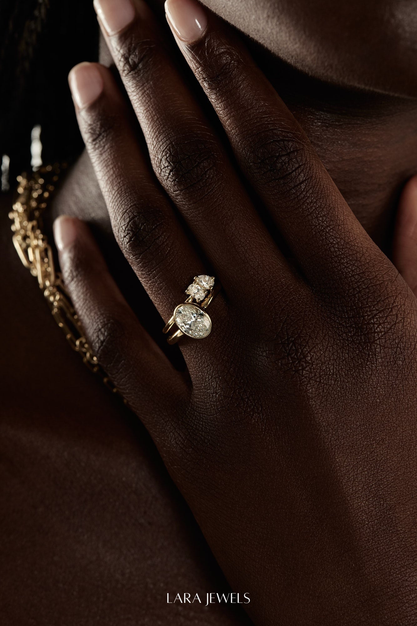Oval Diamond Bezel Ring 18K Gold - On model