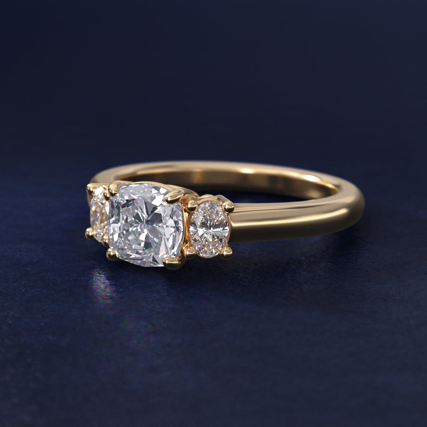 Oval Three-Stone Diamond Engagement Ring in 18k Yellow Gold (1/3 ct. tw.) - Cushion Center