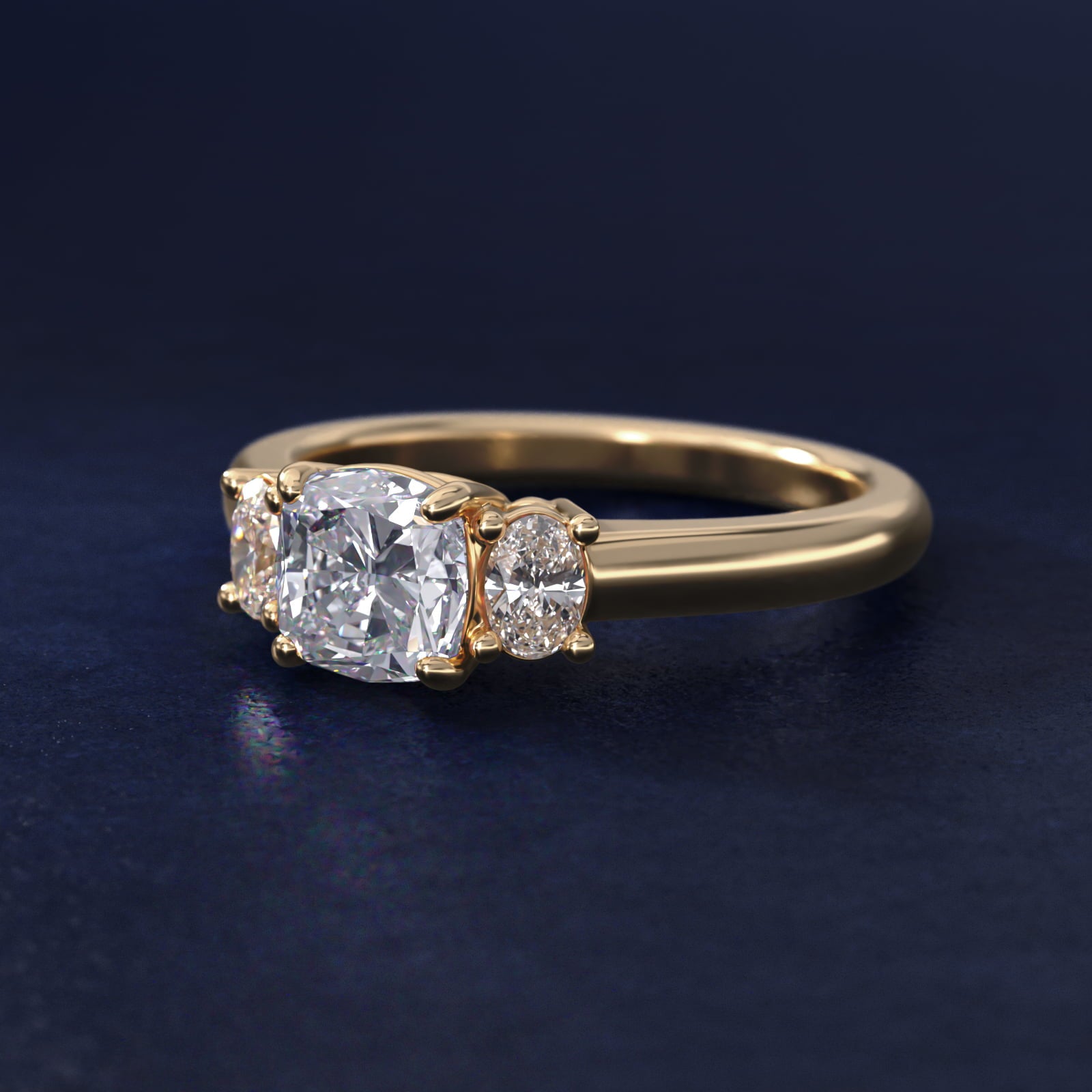 Oval Three-Stone Diamond Engagement Ring in 18k Yellow Gold (1/3 ct. tw.) - Cushion Center