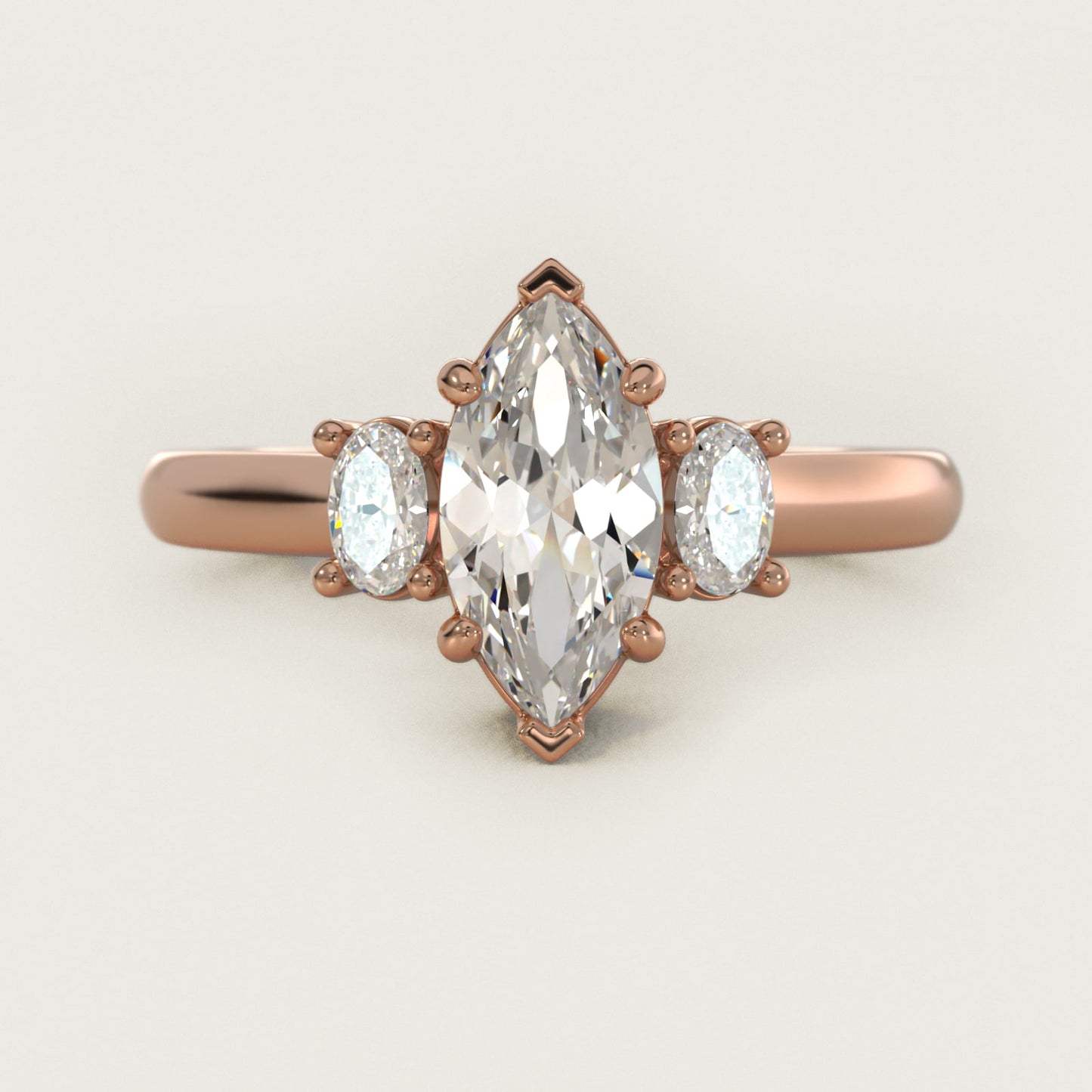 Oval Three-Stone Diamond Engagement Ring in 14k Rose Gold (1/3 ct. tw.) - Marquise Center