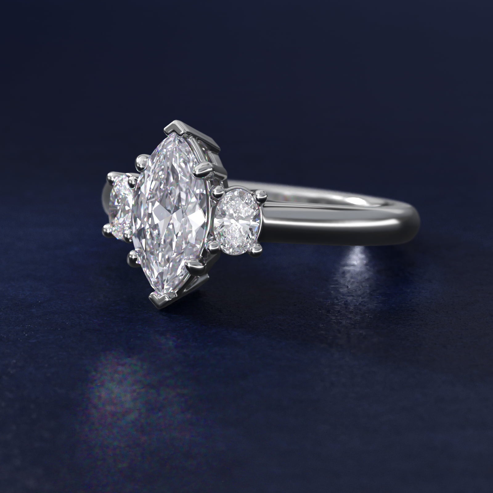Oval Three-Stone Diamond Engagement Ring in 18k White Gold (1/3 ct. tw.) - Marquise Center