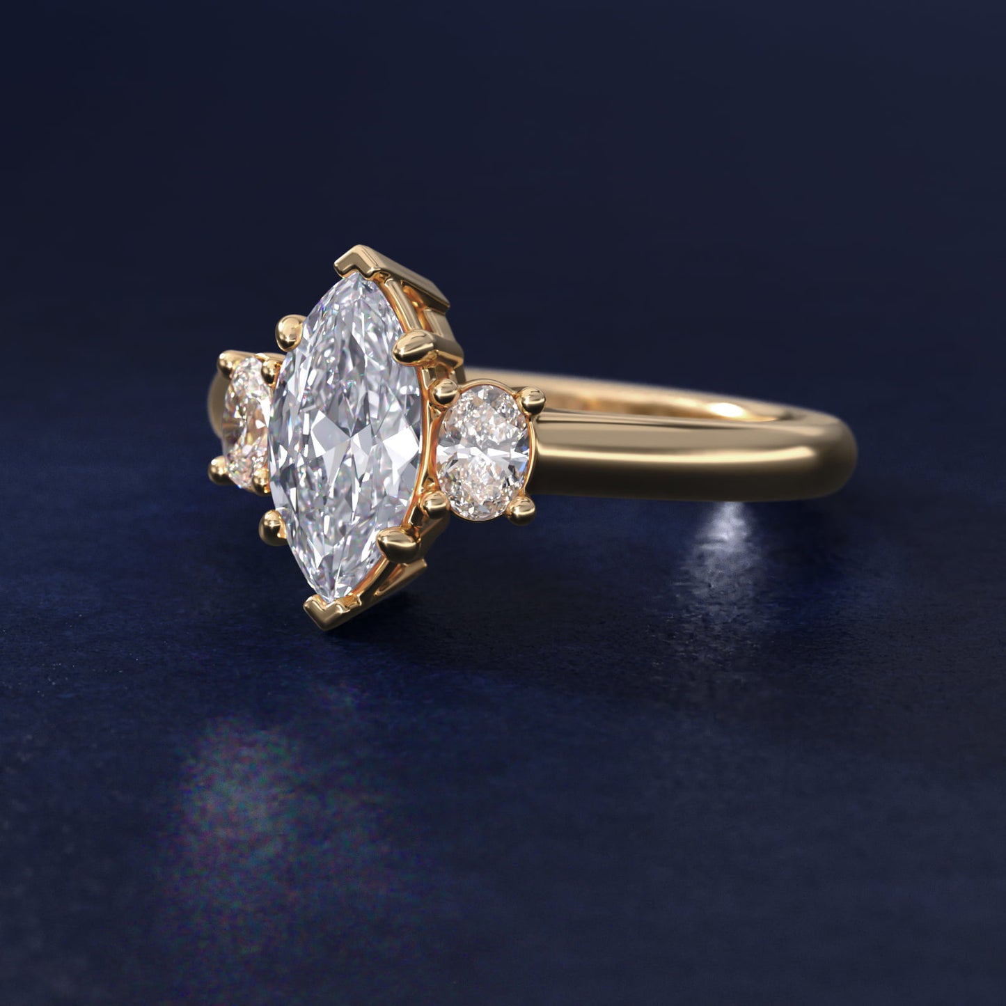 Oval Three-Stone Diamond Engagement Ring in 18k Yellow Gold (1/3 ct. tw.) - Marquise Center