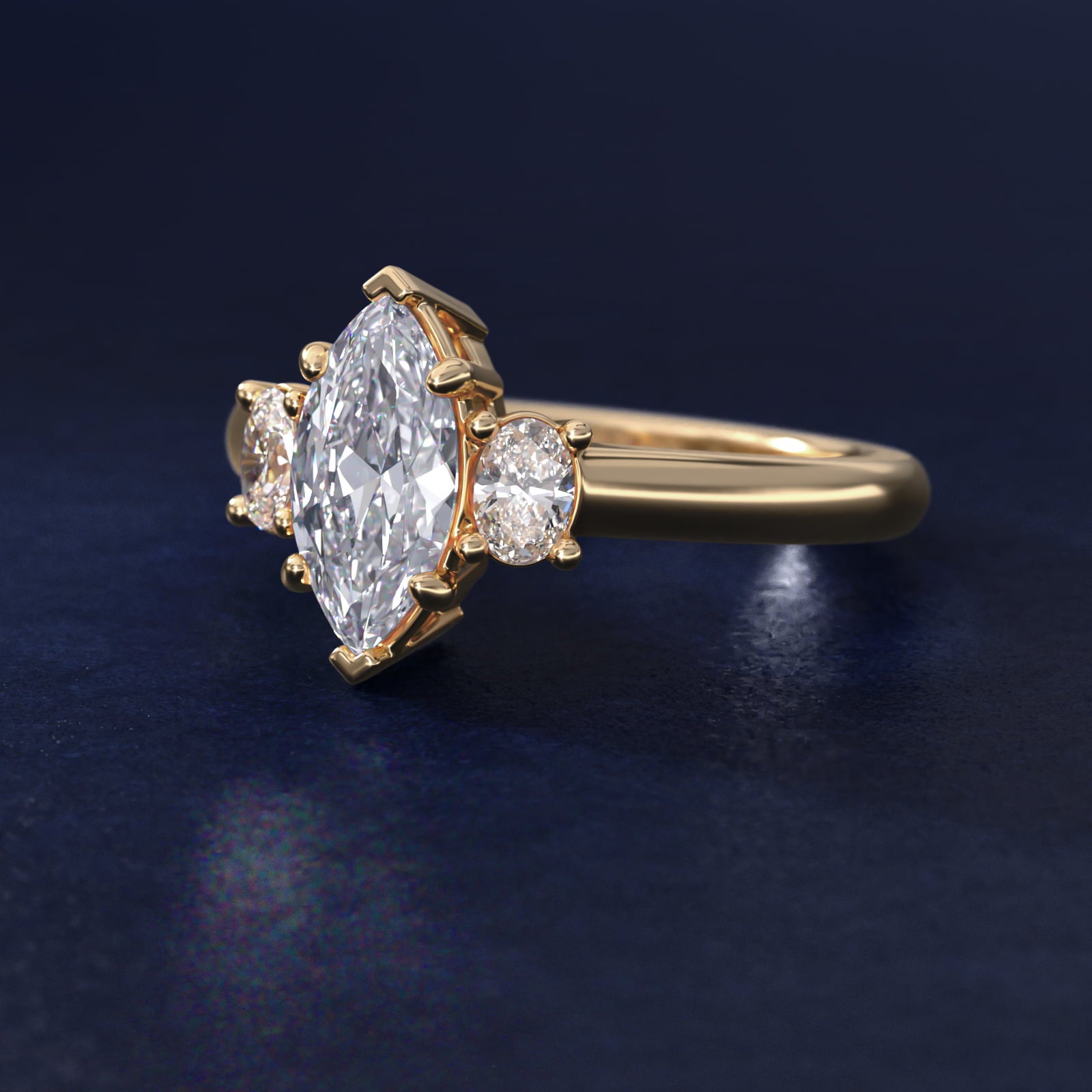 Oval Three-Stone Diamond Engagement Ring in 18k Yellow Gold (1/3 ct. tw.) - Marquise Center