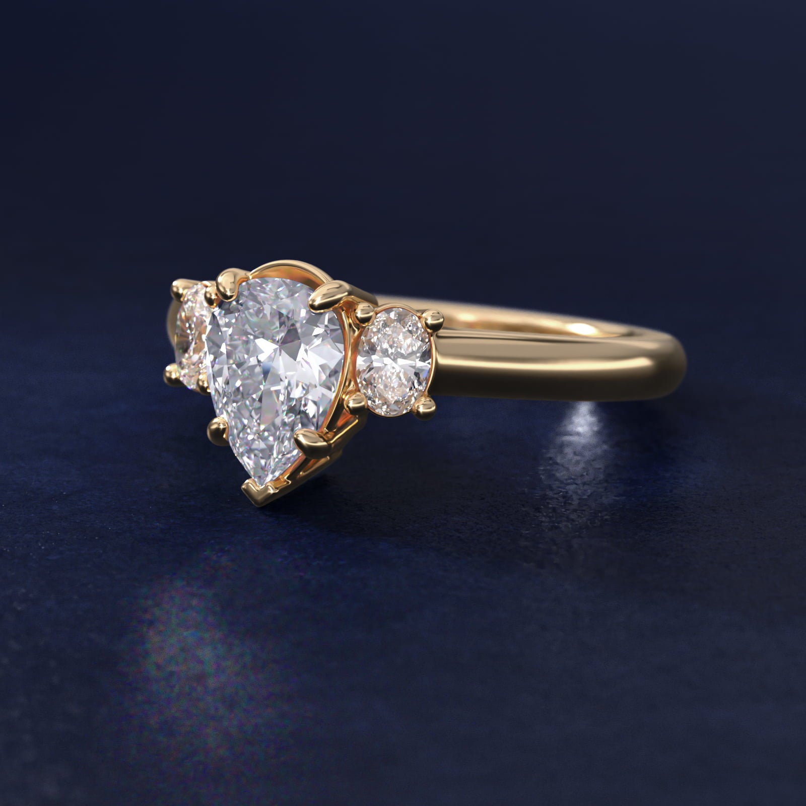 Oval Three-Stone Diamond Engagement Ring in 14K Yellow Gold (1/3 ct. tw.) - Pear Center