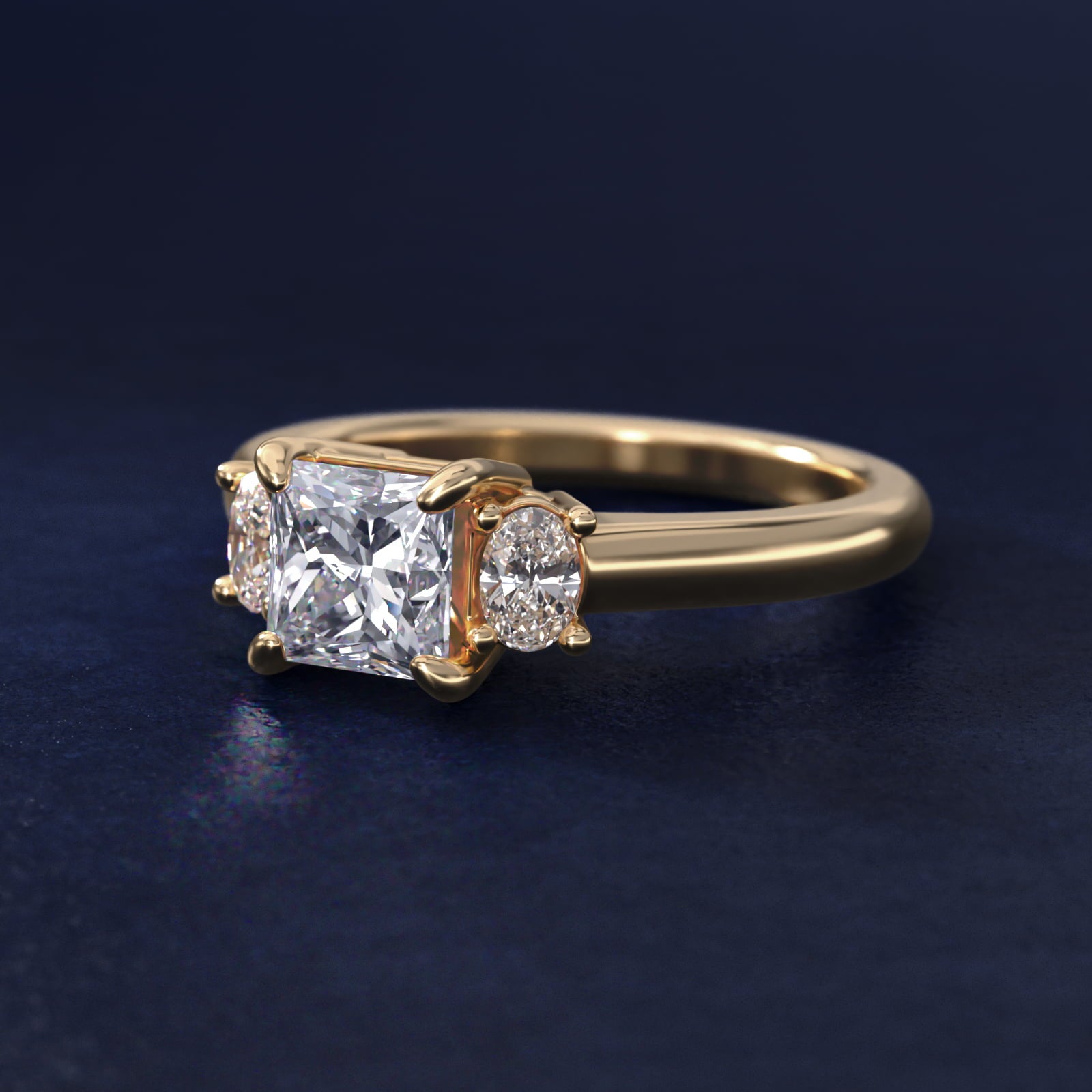 Oval Three-Stone Diamond Engagement Ring in 18k Yellow Gold (1/3 ct. tw.) - Princess Center